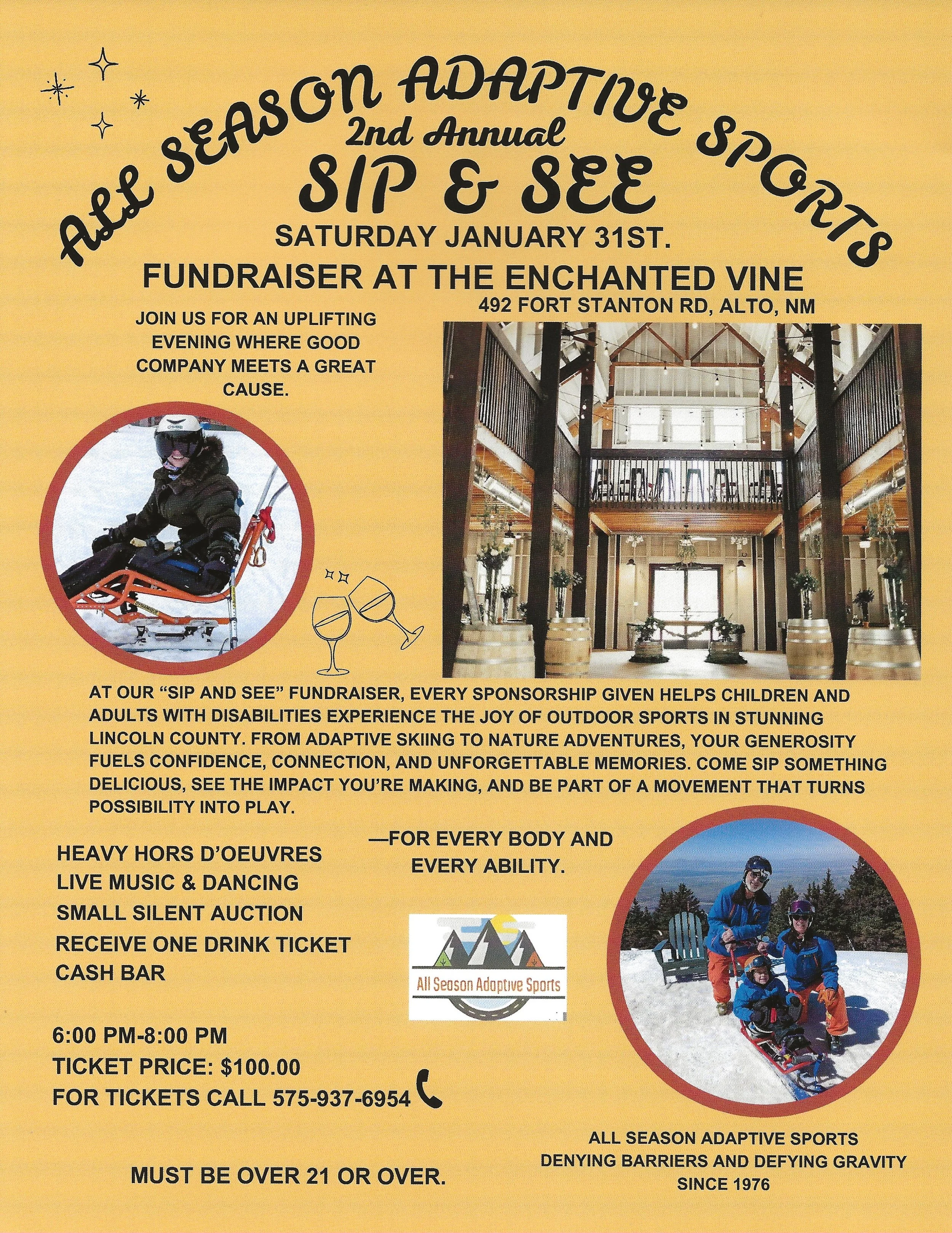 Promotional event graphic for All Season Adaptive Sports 2nd Annual Sip & see Fundraiser at Enchanted Vine in Alto, NM