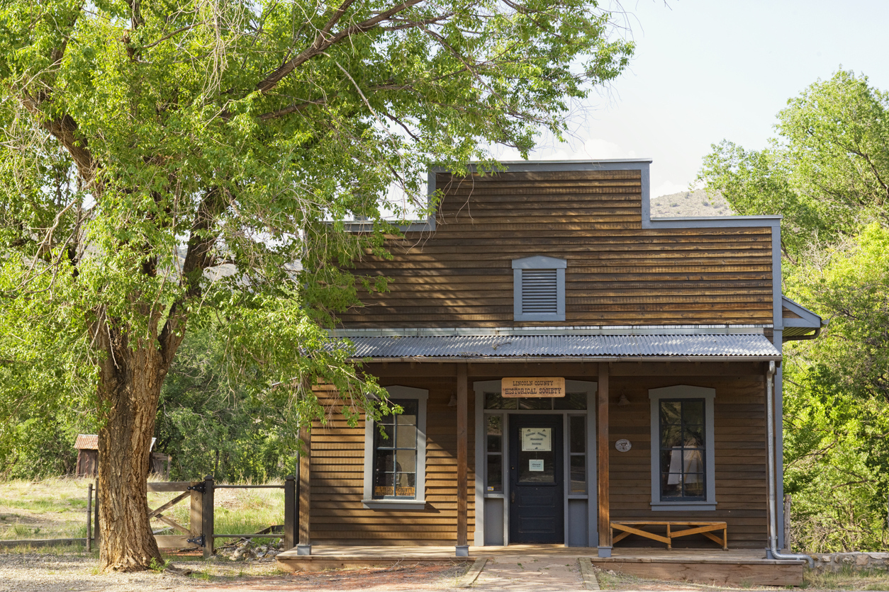 Lincoln, New Mexico, United States - June 2, 2012. Old building used by the Lincoln County Historical Society. Lincoln was at the center of the Lincoln County War, 1876-1879, and is the historical home of Billy the Kid.