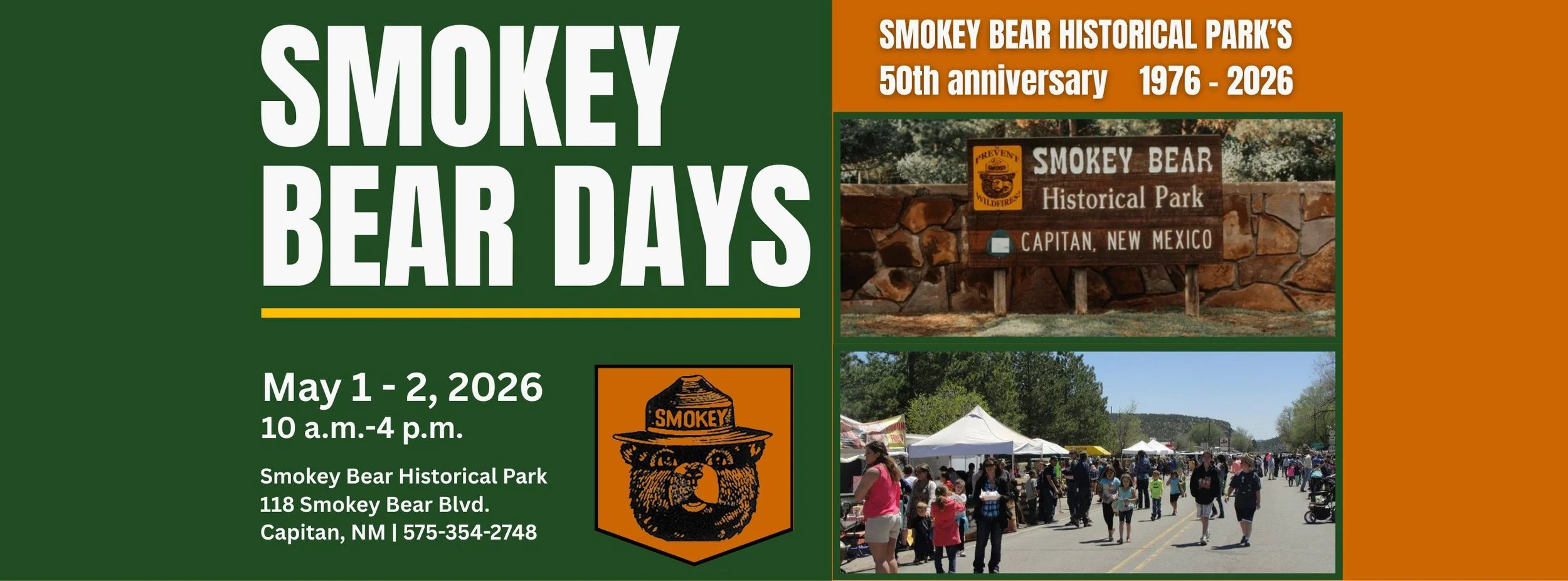 Promotional event graphic for Smokey Bear Days annual event in Capitan, NM