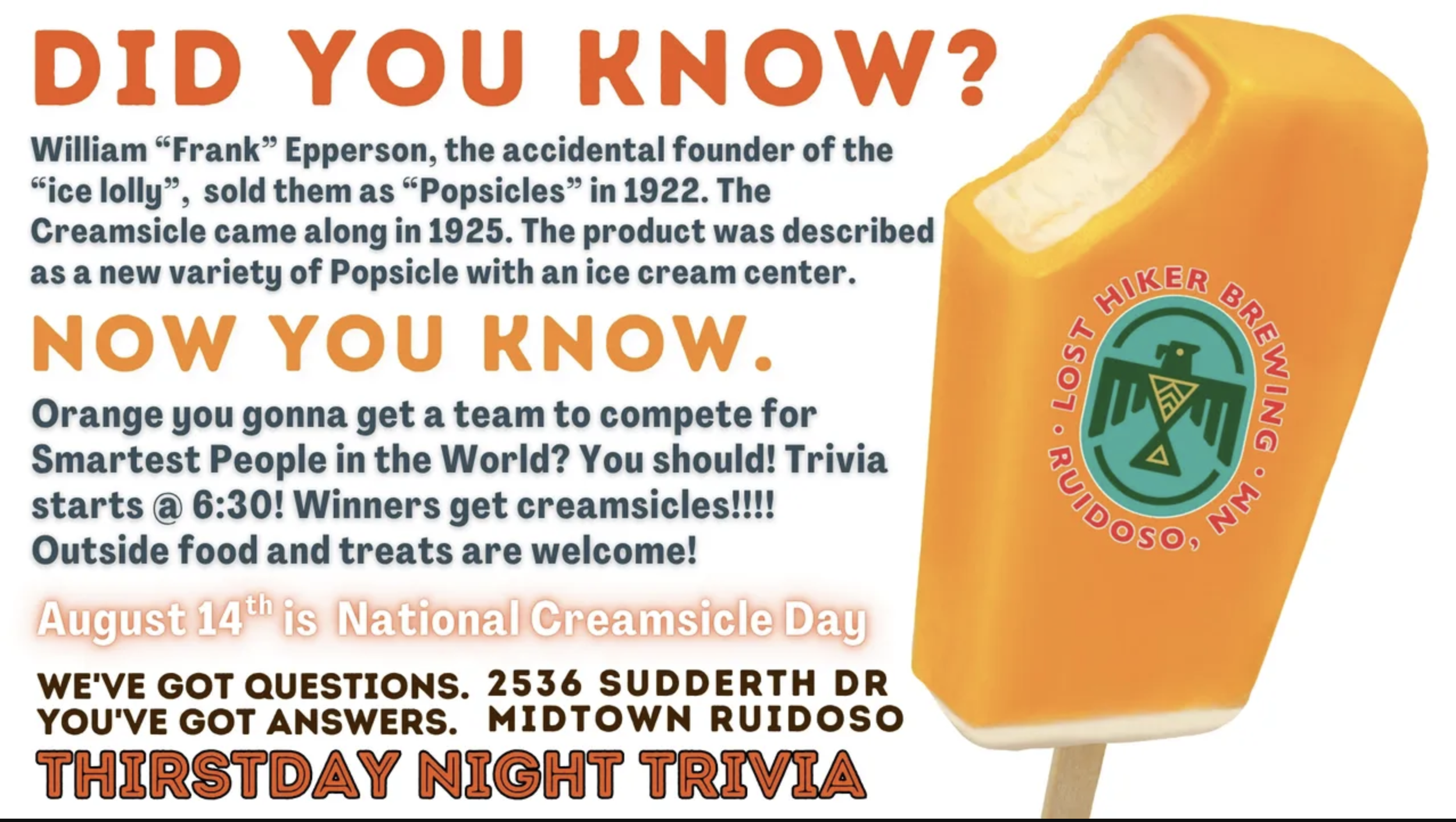 Thirstday Night Trivia "Creamsicle Day" at Lost Hiker Brewing Company - Basecamp