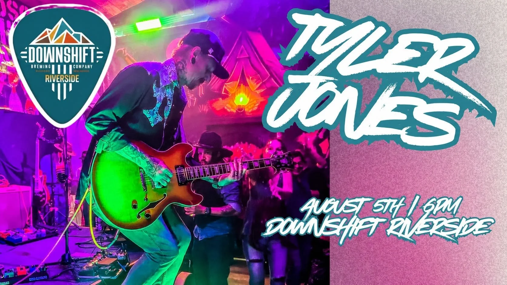 Promotional graphic for Tyler Jones performing live at Downshift Brewing Company – Riverside on August 5 at 6 p.m., featuring a guitarist playing on a colorful stage with a crowd in the background.