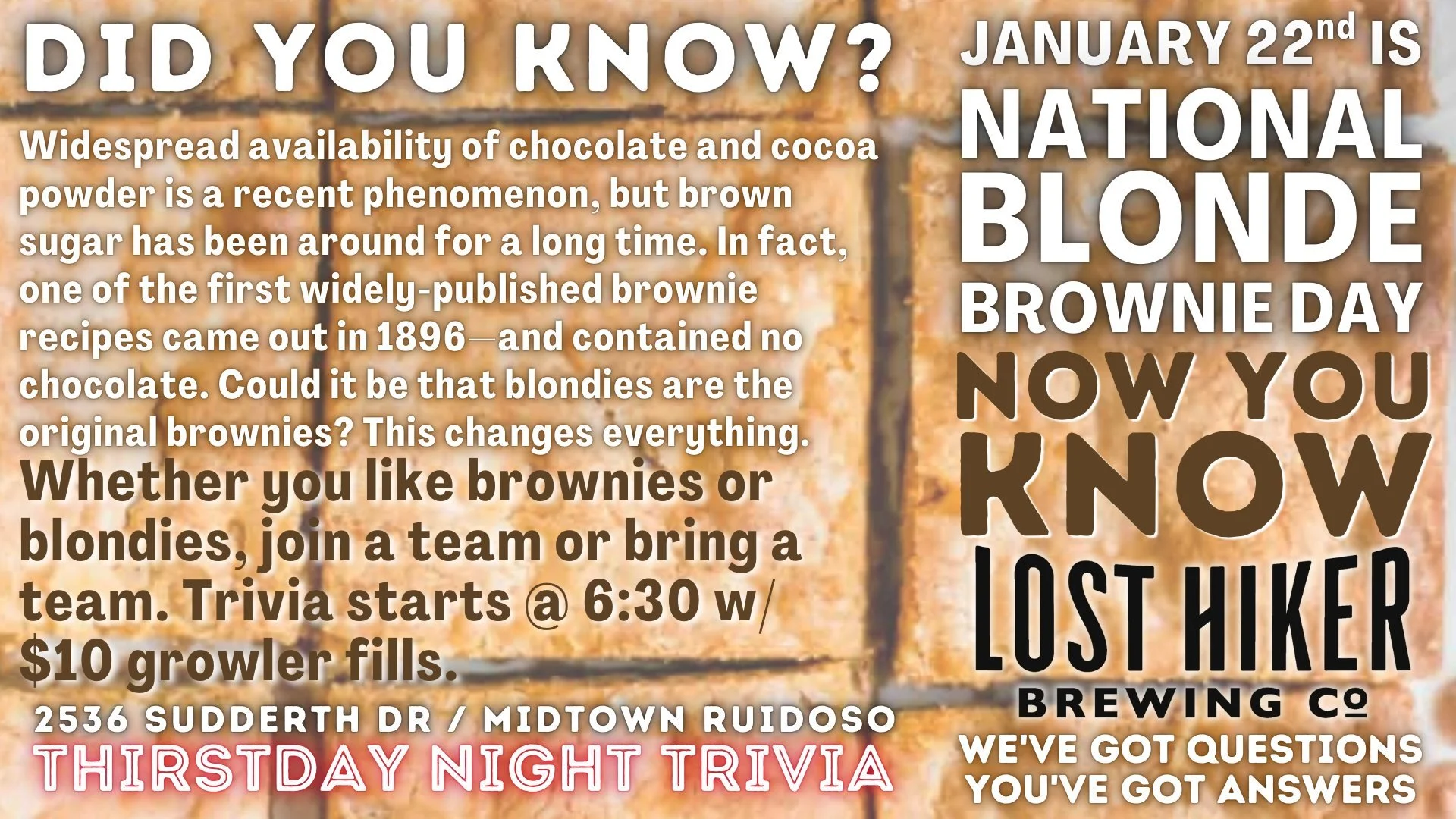 Thirstday Night Trivia at Lost Hiker Brewing Midtown Taproom (Blondie Brownies Night)