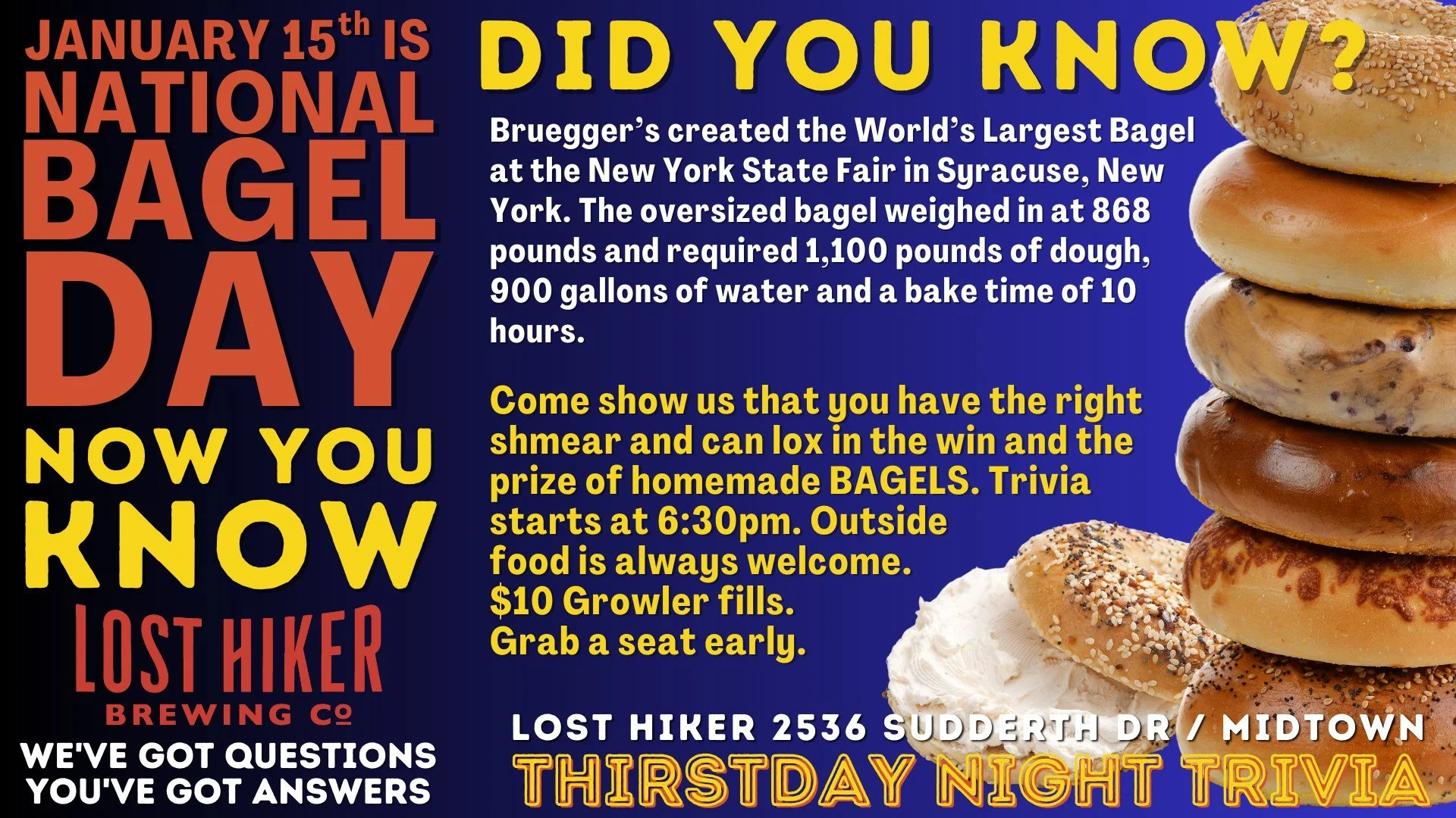 Thirstday Night Trivia at Lost Hiker Brewing Company (Bagel Night) 