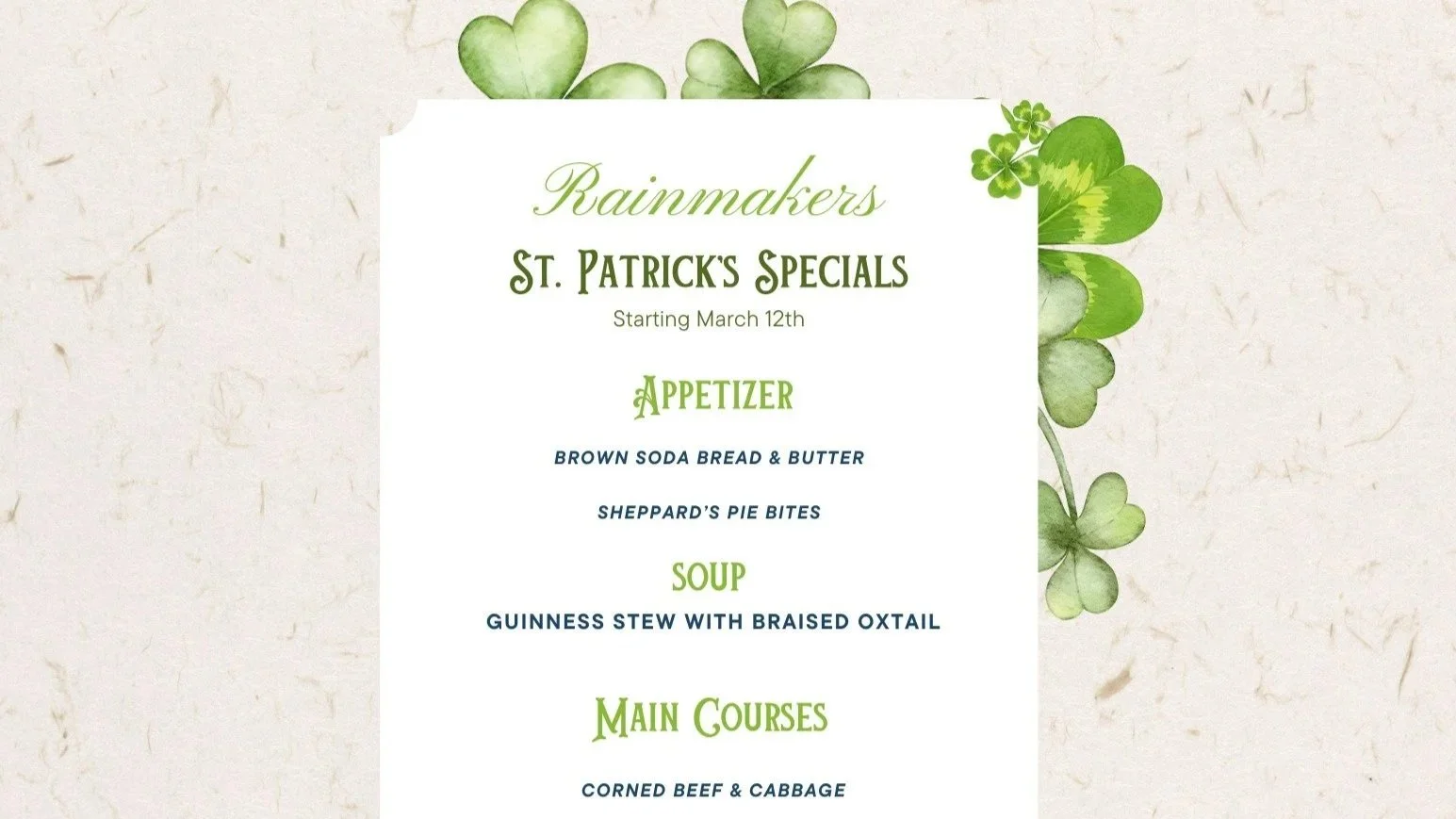 St. Patrick’s Specials &amp; Irish Whiskey Tasting at Rainmakers