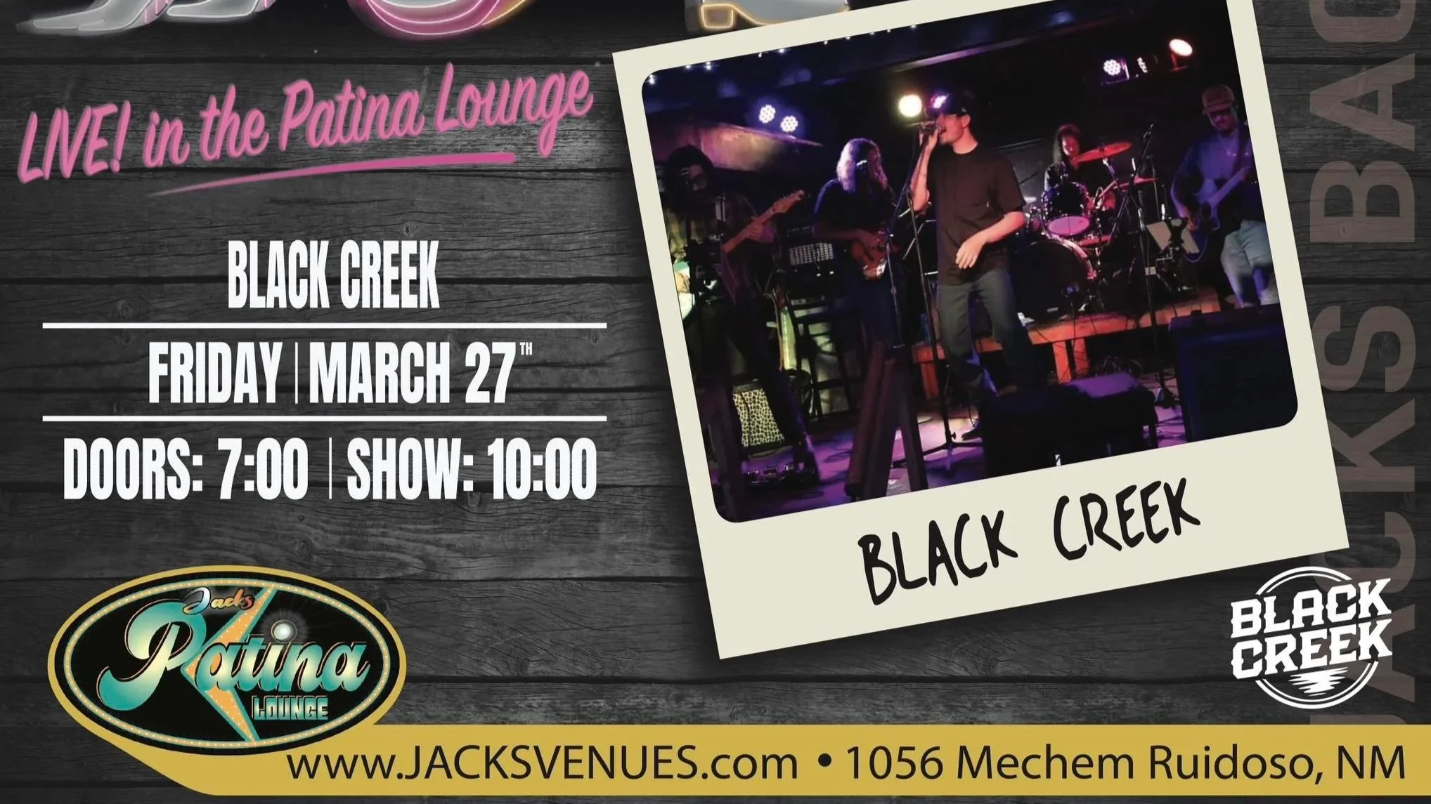 Neon Saddle Fridays at the Patina Lounge: Black Creek LIVE
