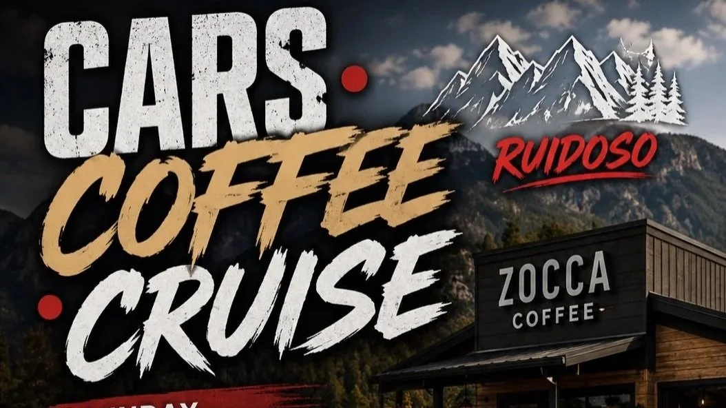 Promotional graphic for Cars, Coffee & Cruise at Zocca Coffee in Ruidoso featuring sports cars parked outside the coffee shop with mountain scenery in the background.