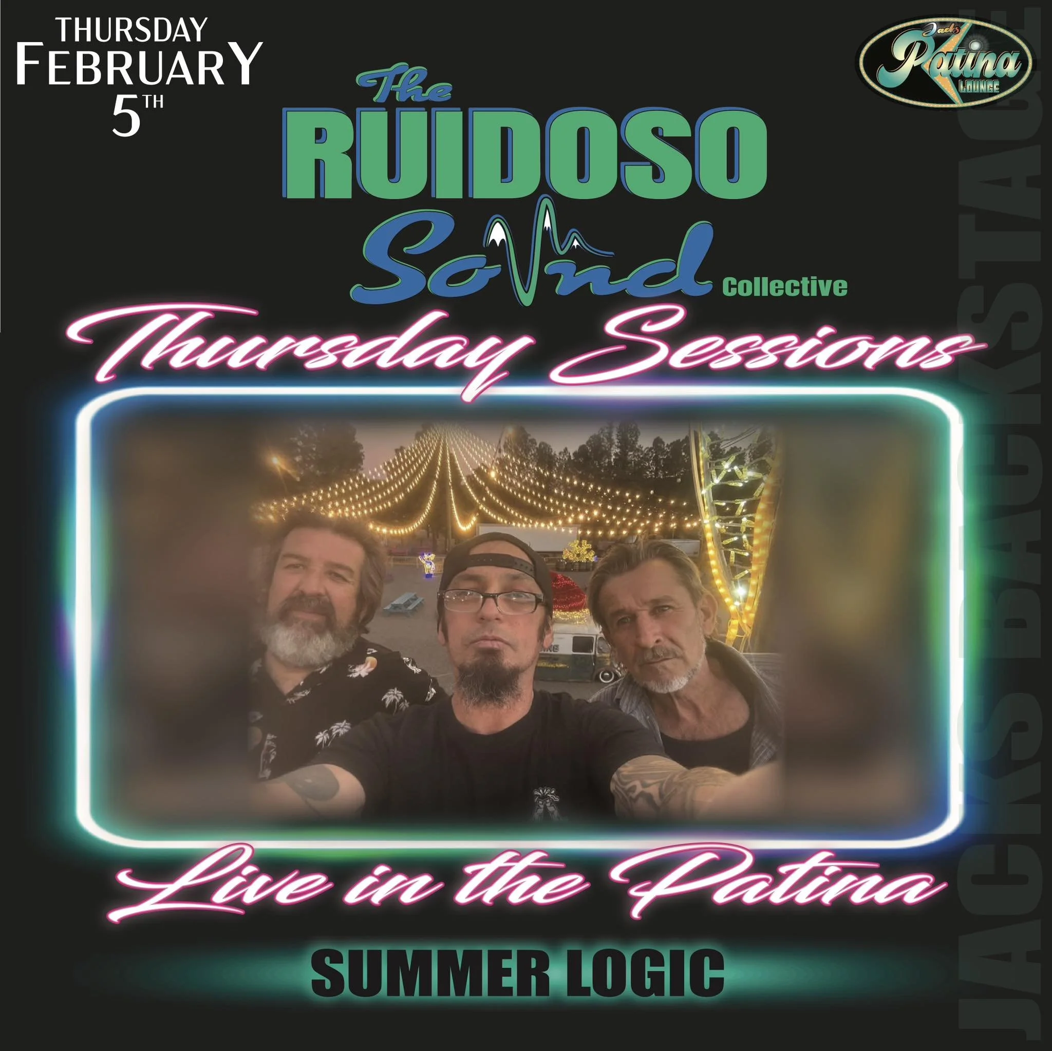 Promotional event graphic for live music at Jacks Patina Lounge in Ruidoso, NM