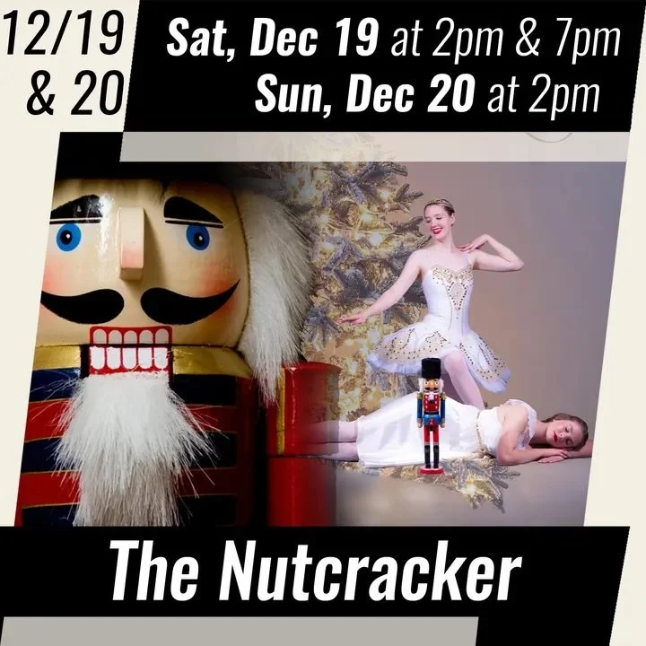 Dancers performing The Nutcracker alongside a giant nutcracker and Christmas tree, promoting December holiday performances at Spencer Theater near Ruidoso.