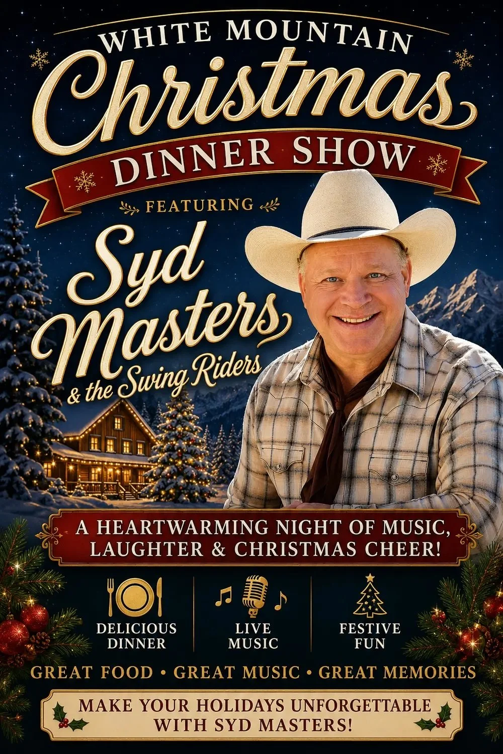 Syd Masters White Mountain Christmas Dinner Show featuring Syd Masters & the Swing Riders, with a snowy mountain ranch, Christmas tree, holiday lights, and festive decorations.