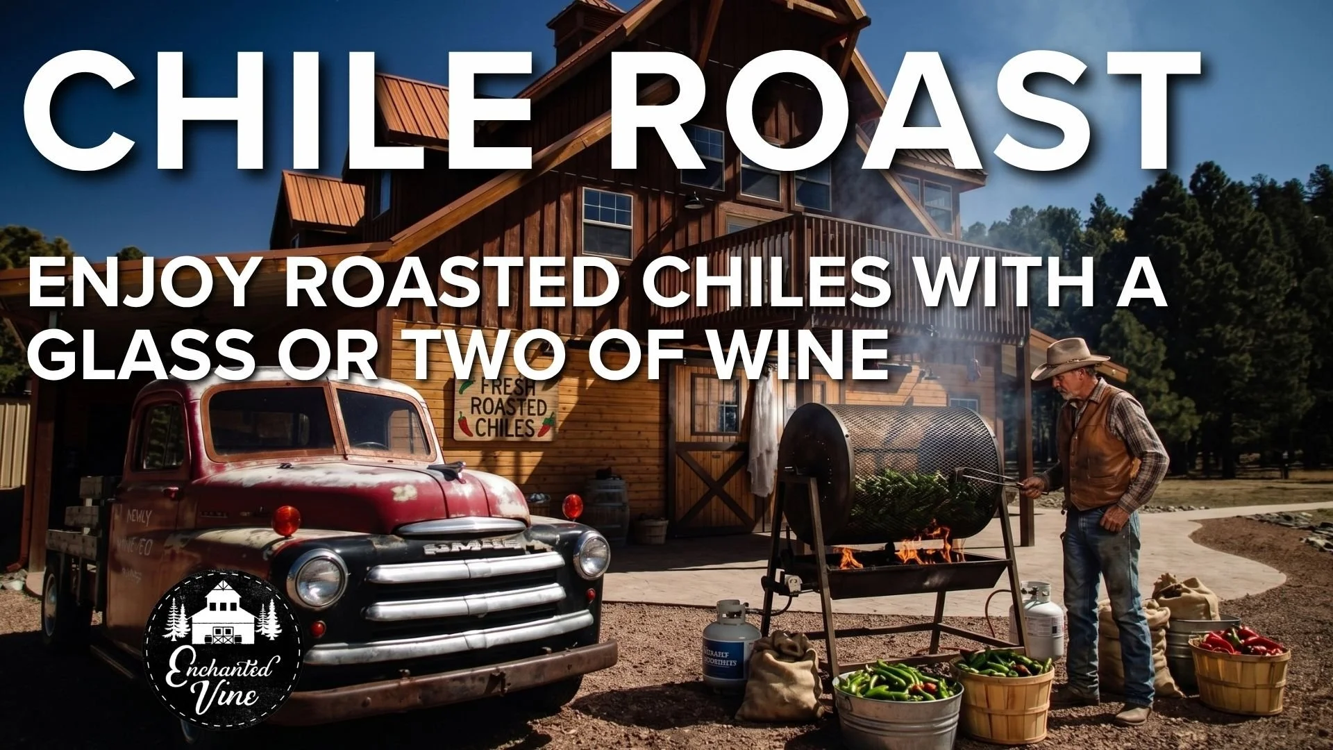 Fresh green chiles roasting over an open flame outside Enchanted Vine in Alto, New Mexico, during its seasonal Chile Roast.