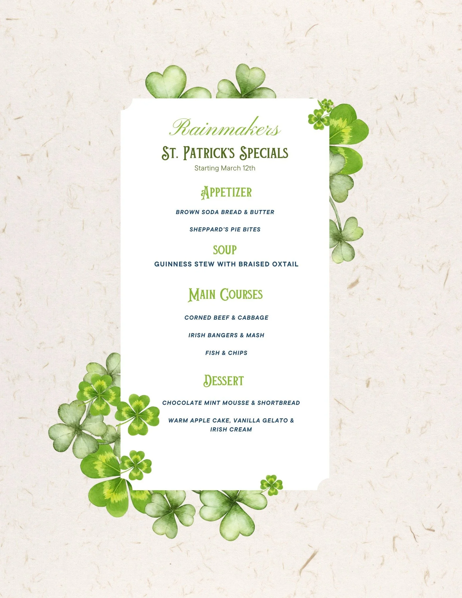 Promotional event graphic for St Patrick's dining specials and Irish Whiskey Tasting at Rainmakers near Ruidoso, NM