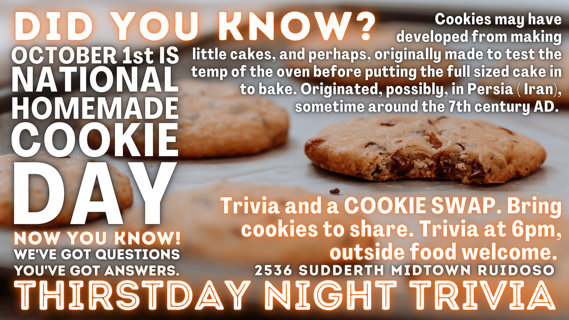 National Homemade Cookie Day Thirstday Night Trivia and cookie swap at Lost Hiker Brewing Company in Midtown Ruidoso on October 1, 2026.