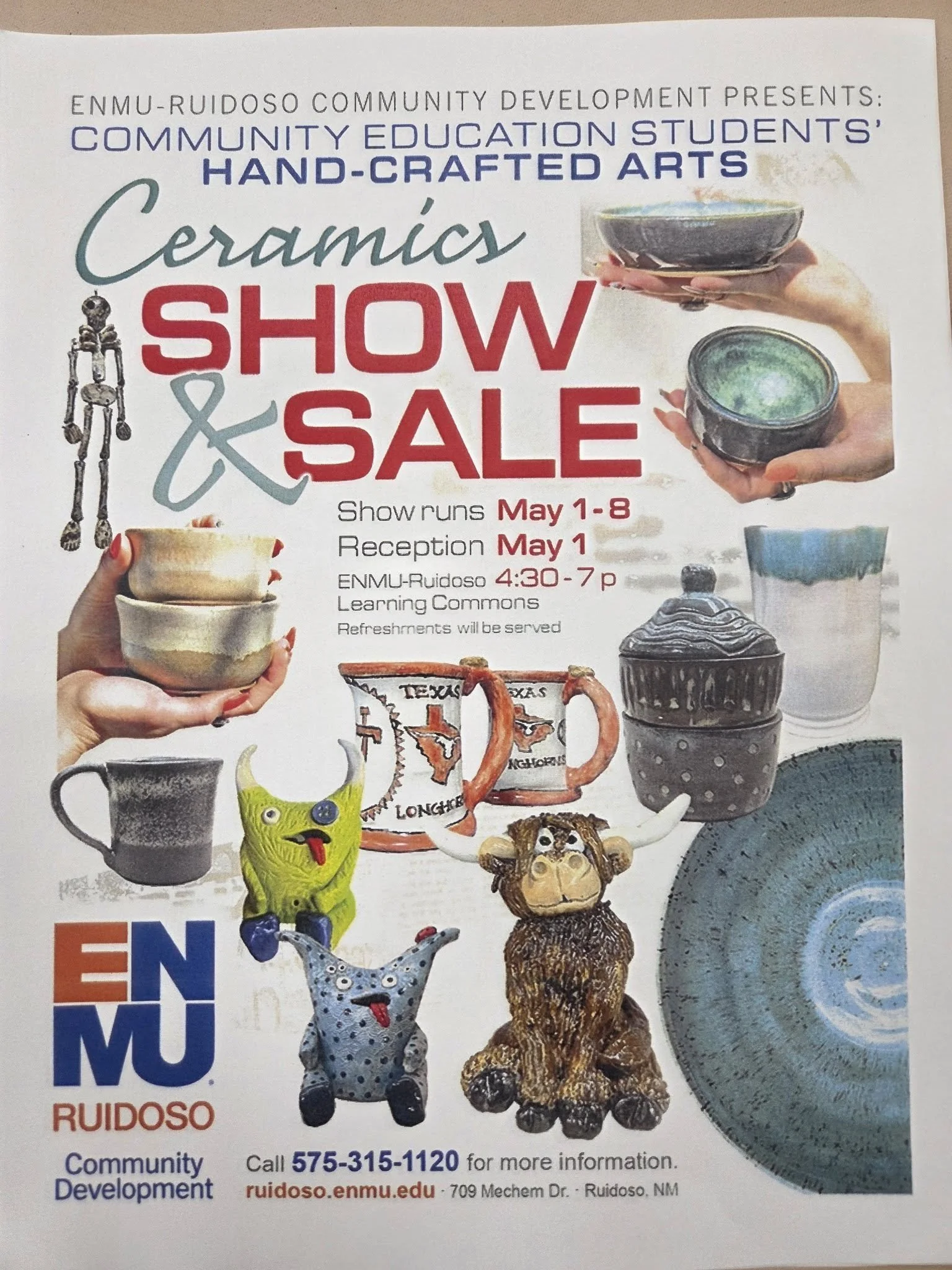 Flyer for ENMU–Ruidoso Community Education Students’ Ceramics Show & Sale, featuring photos of handmade pottery and figurines, with event details for May 1–8 and an opening reception on May 1 from 4:30–7 PM at the Learning Commons.