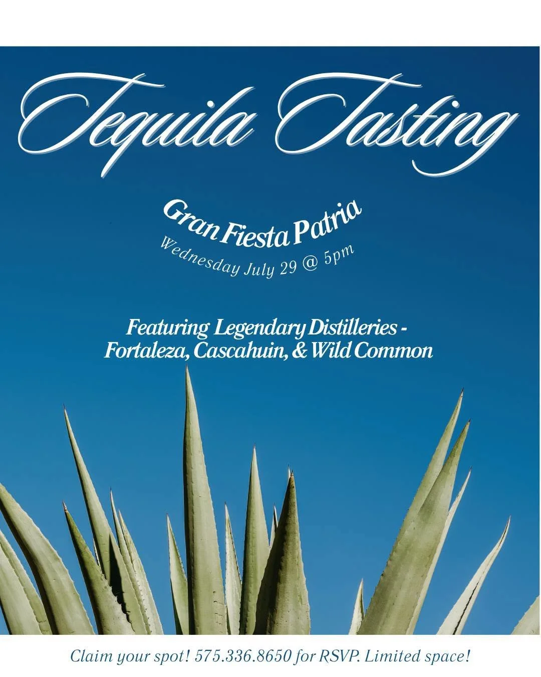 Agave plants beneath a blue sky promoting a premium tequila tasting at Gran Fiesta Patria featuring Cascahuin, Wild Common, and Fortaleza tequilas.