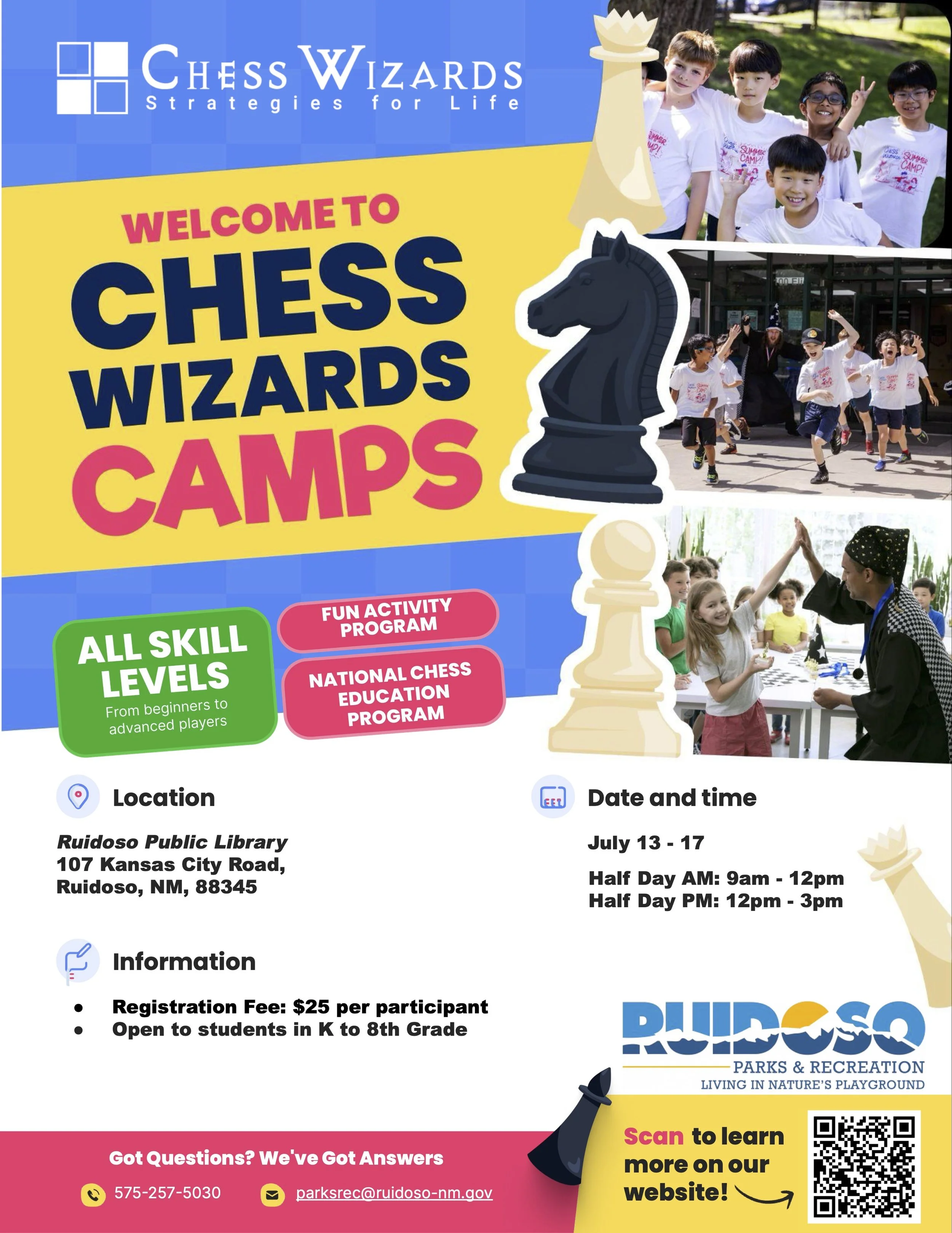 Colorful promotional flyer for Chess Wizards Camp at the Ruidoso Public Library featuring chess pieces, children participating in camp activities, and details for morning and afternoon summer camp sessions.