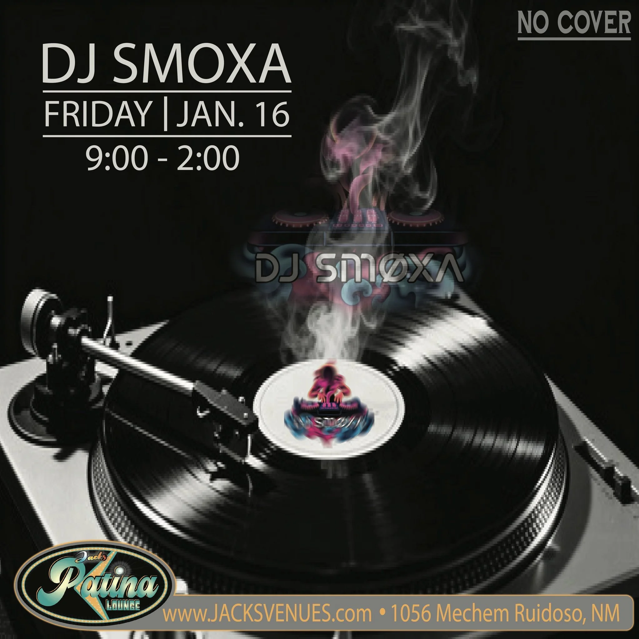 Promotional event graphic for DJ Night at Jacks Patina Lounge in Ruidoso, NM