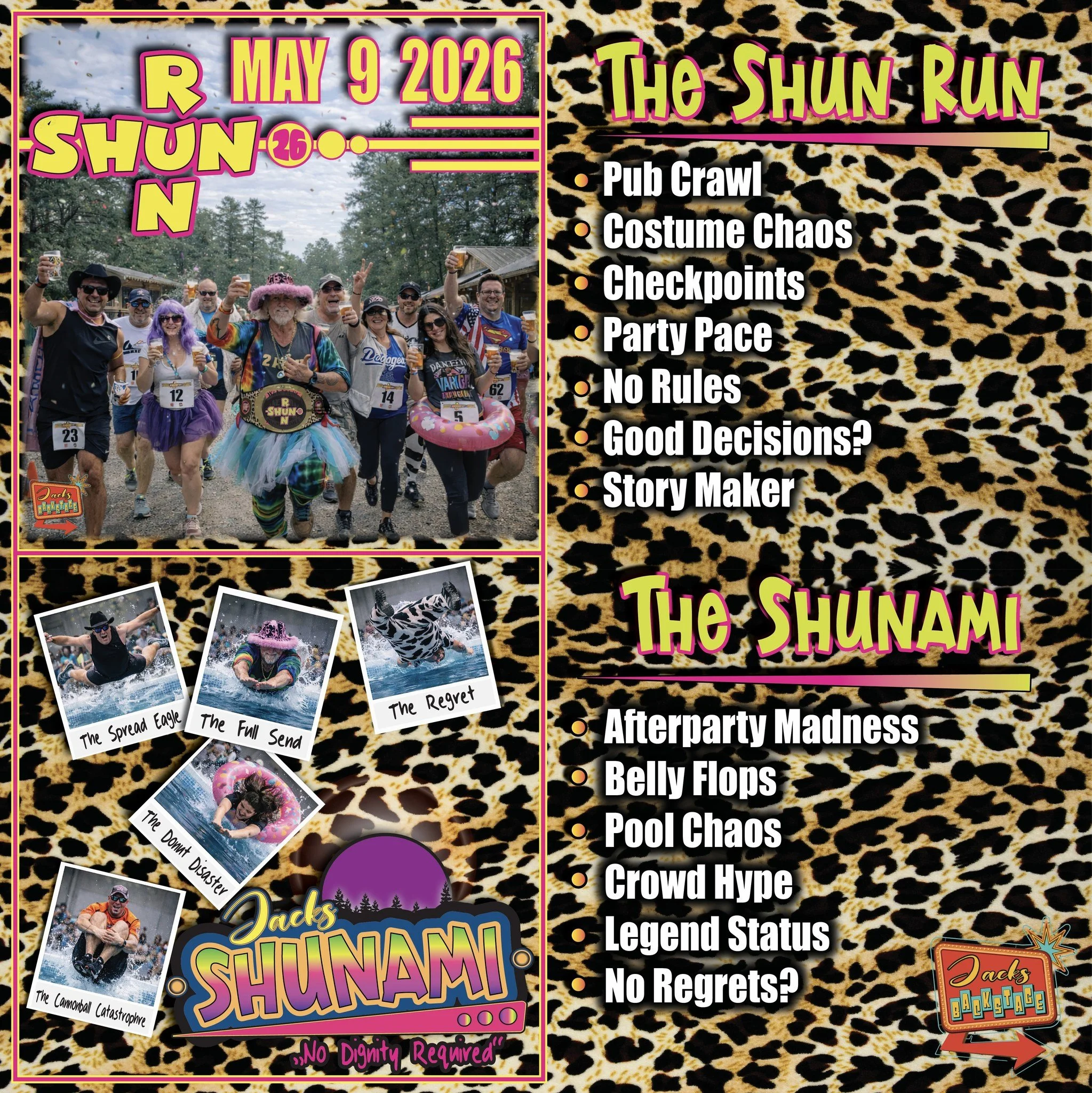 Colorful event poster for “The Shun Run 2026” on May 9 at Jack’s Backstage, featuring a costumed group mid-pub crawl and highlights including checkpoints, costume chaos, and “The Shunami” afterparty with belly flops, pool antics, and crowd energy.
