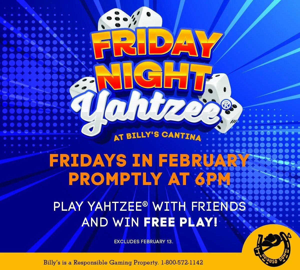 Promotional event graphic for Friday Night Yahtzee at Billy the Kid Casino in Ruidoso Downs, NM