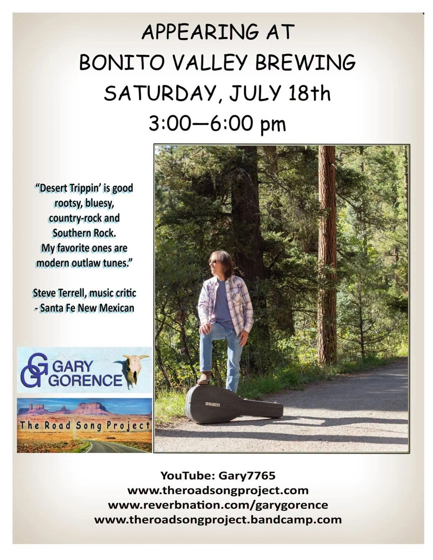 Gary Gorence promotional poster for a live performance at Bonito Valley Brewing Company on July 18, 3–6 p.m.