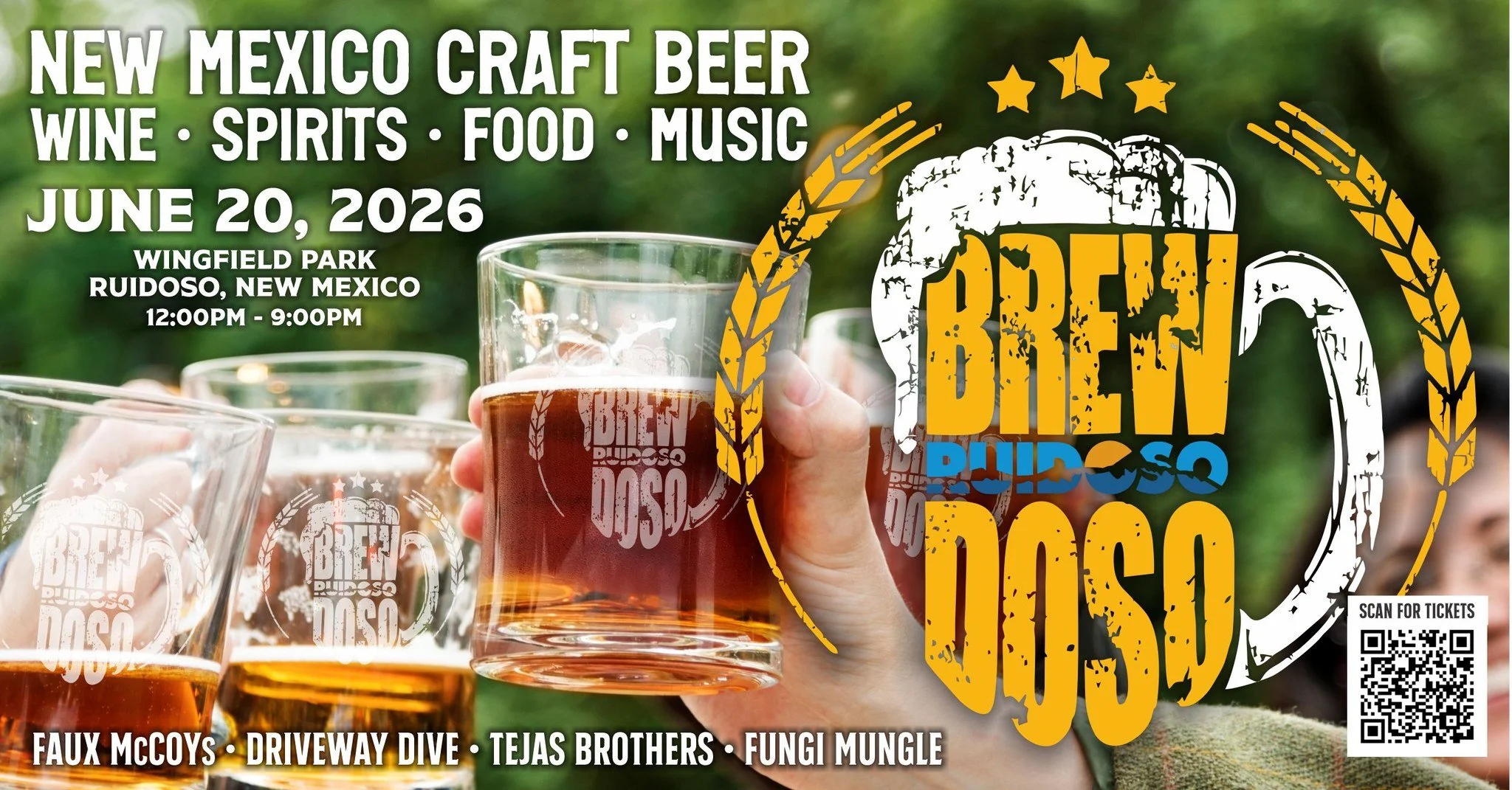 Promotional event graphic for annual Brewdoso festival on June 20, 2026 at Wingfield Park in Ruidoso, NM