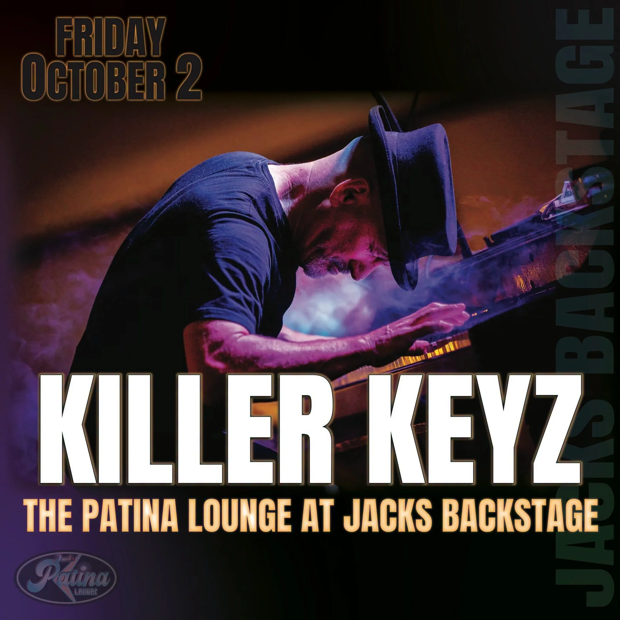 Promotional image for Killer Keyz Dueling Pianos at the Patina Lounge at Jacks Backstage in Ruidoso on Friday, October 2, 2026, featuring a pianist performing onstage.