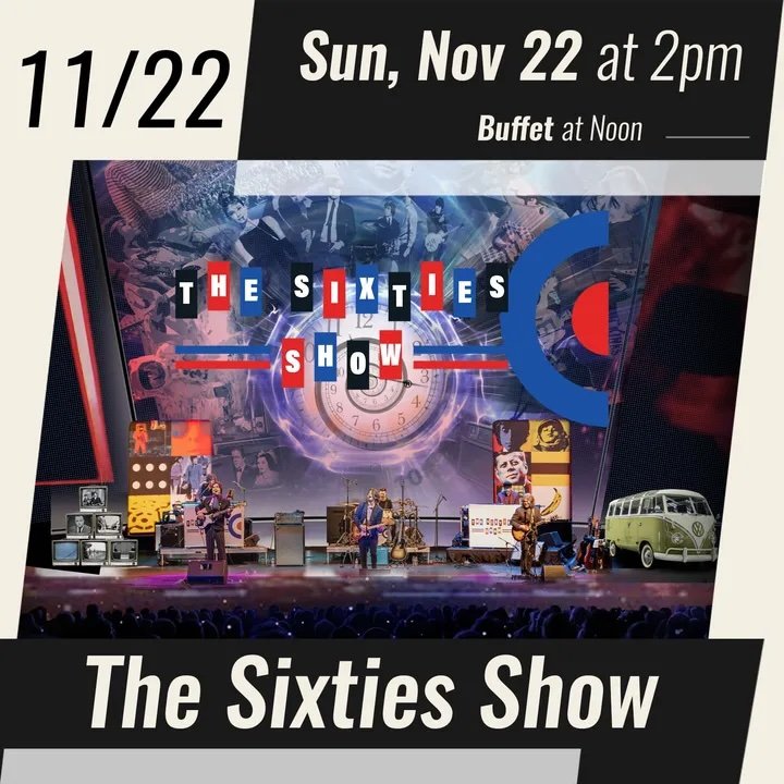 The Sixties Show performing onstage with musicians, vintage imagery, and a 1960s-era Volkswagen bus, promoting the November 22 performance at Spencer Theater near Ruidoso.