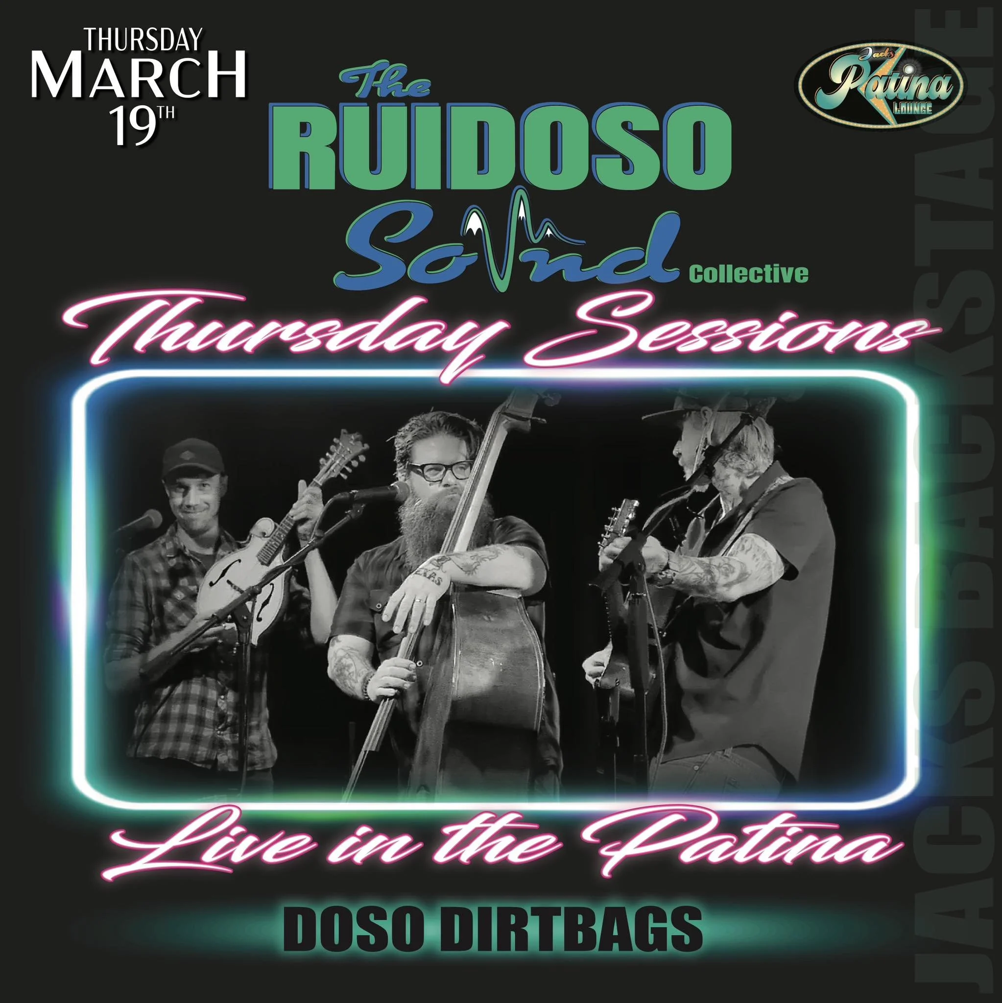 Promotional event graphic for live music at Jacks Patina Lounge in Ruidoso, NM