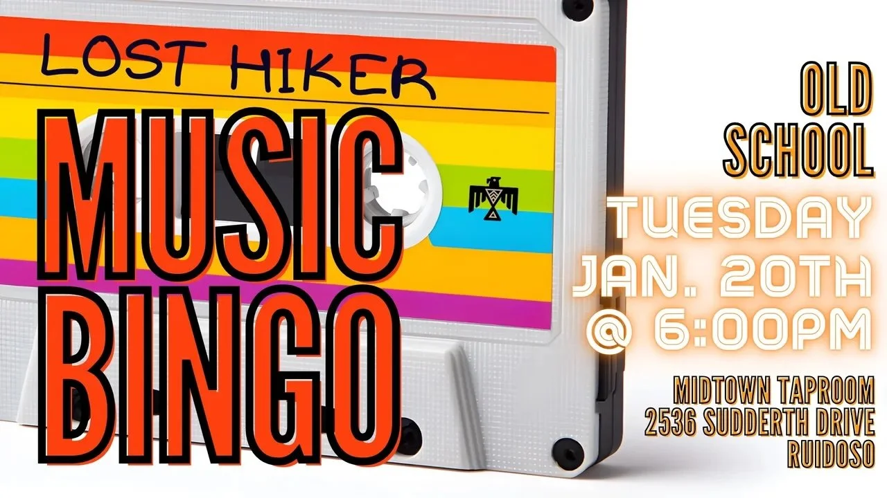 Promotional event graphic for Music Bingo at Lost Hiker Brewing Company Midtown Taproom in Ruidoso, NM