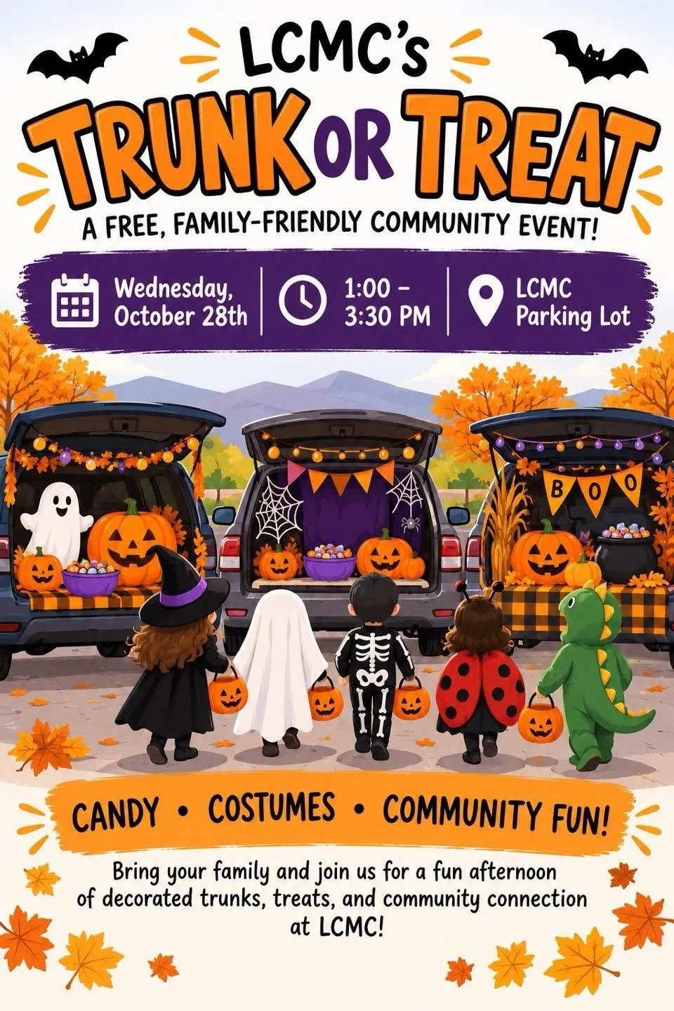 LCMC Trunk or Treat flyer featuring decorated Halloween car trunks and children in costumes, Wednesday, October 28, from 1:00 to 3:30 PM at the Lincoln County Medical Center parking lot.