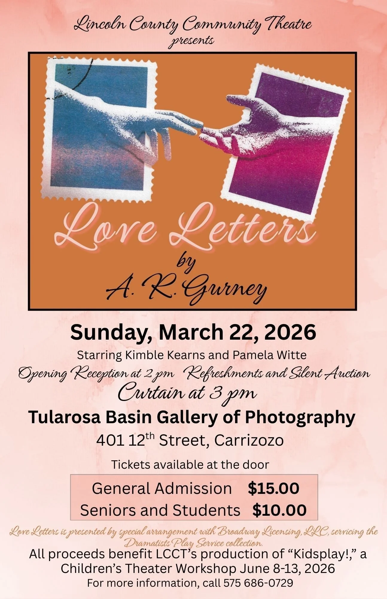 Promotional flyer for 'Love Letters' presented by Lincoln County Community Theater on March 22, 2026, in Carrizozo. NM