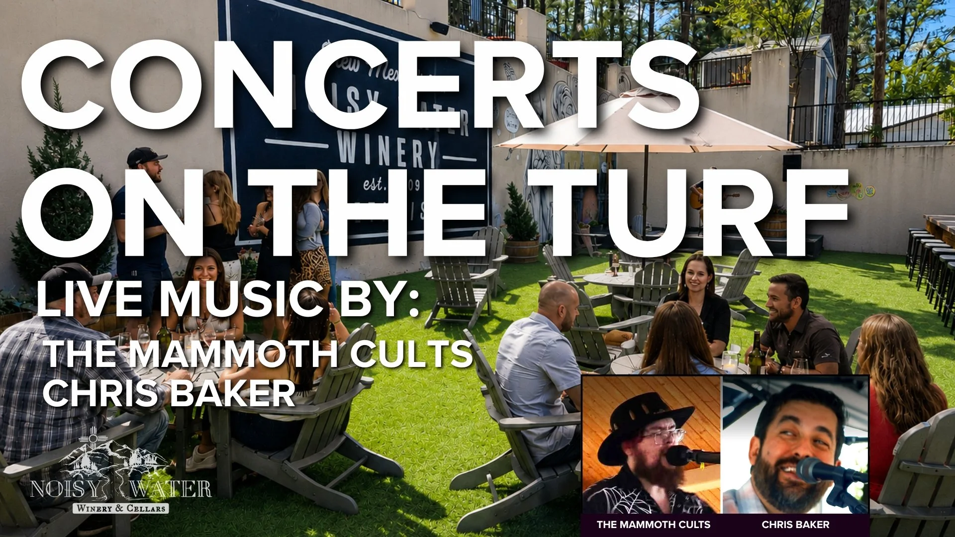 Guests relax on the outdoor patio at Noisy Water Winery’s Midtown tasting room during the Concerts on the Turf series, featuring live music by The Mammoth Cults on September 4 in Ruidoso.