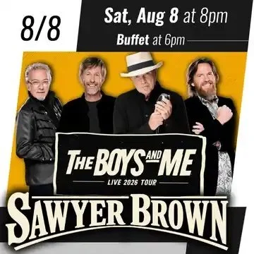 Promotional poster for Sawyer Brown’s “The Boys and Me” Live 2026 Tour at Spencer Theater on Saturday, August 8 at 8 PM.