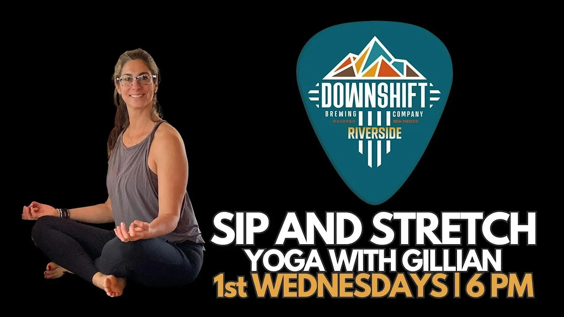 Woman seated in a yoga pose beside promotional text for Sip + Stretch yoga night at Downshift Brewing Company – Riverside.