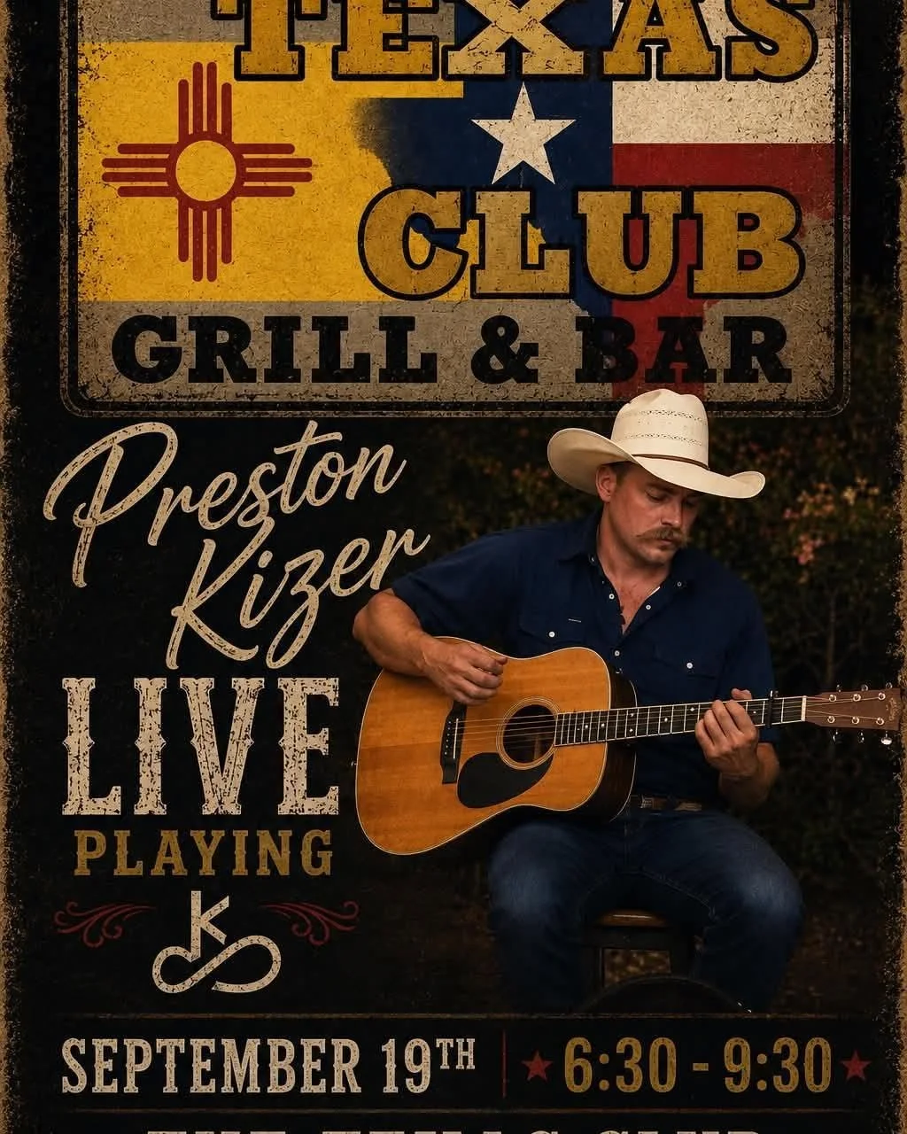 Country singer-songwriter Preston Kizer playing acoustic guitar for a September 19, 2026, live performance at Texas Club Grill & Bar in Ruidoso.