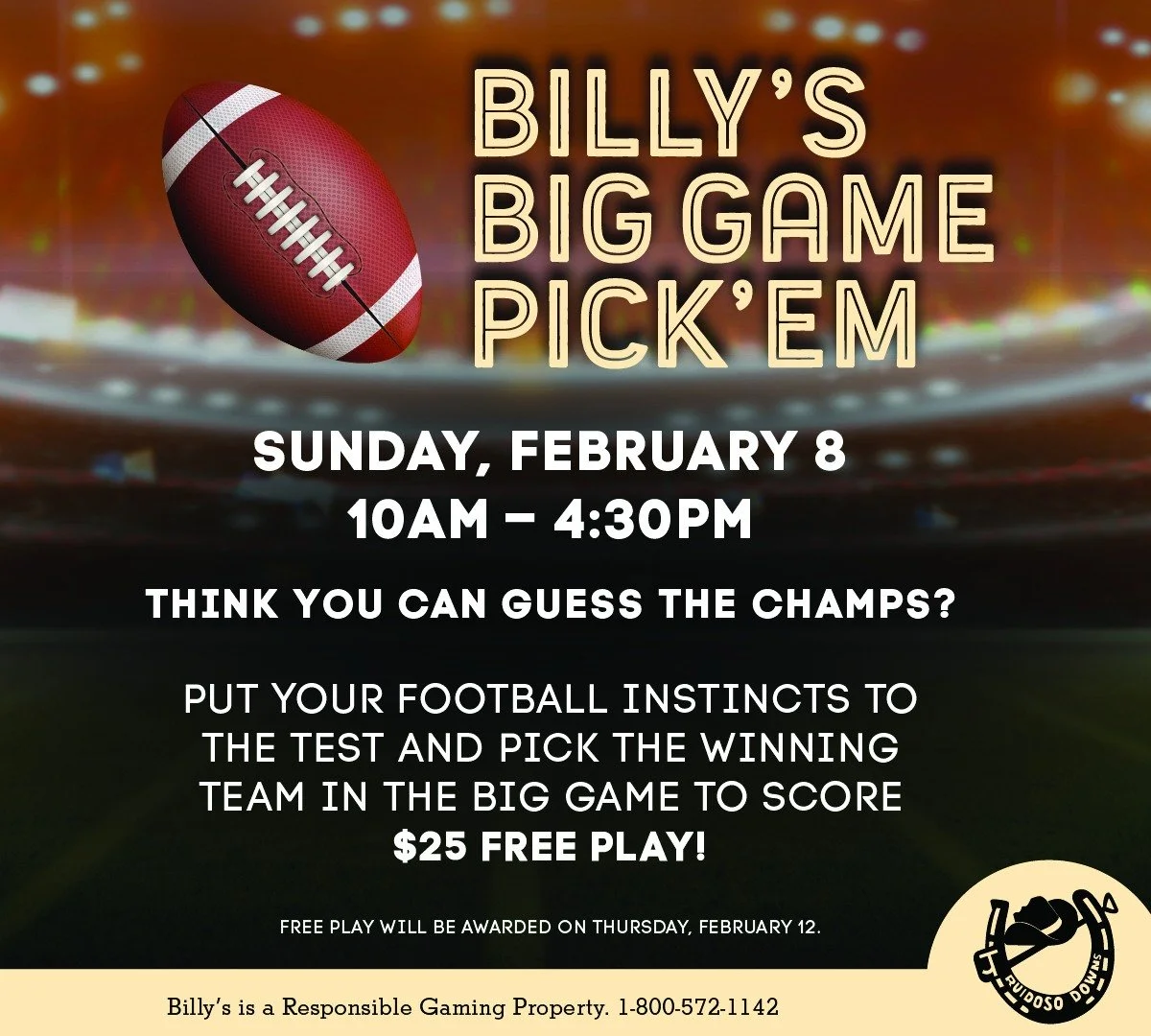 Promotional event graphic for Billy's Big Game Pick'em event on Feb. 8, 2026, at Billy the Kid Casino in Ruidoso Downs, NM