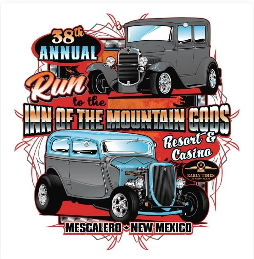 Promotional artwork for the 38th Annual Run to the Inn of the Mountain Gods featuring three vintage hot rods and classic cars in Mescalero, New Mexico.