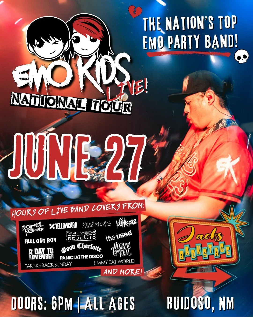 Concert poster for EMO KIDS LIVE! National Tour at Jacks Backstage in Ruidoso featuring a guitarist performing on stage with bold emo-inspired graphics and references to popular emo and pop-punk bands.