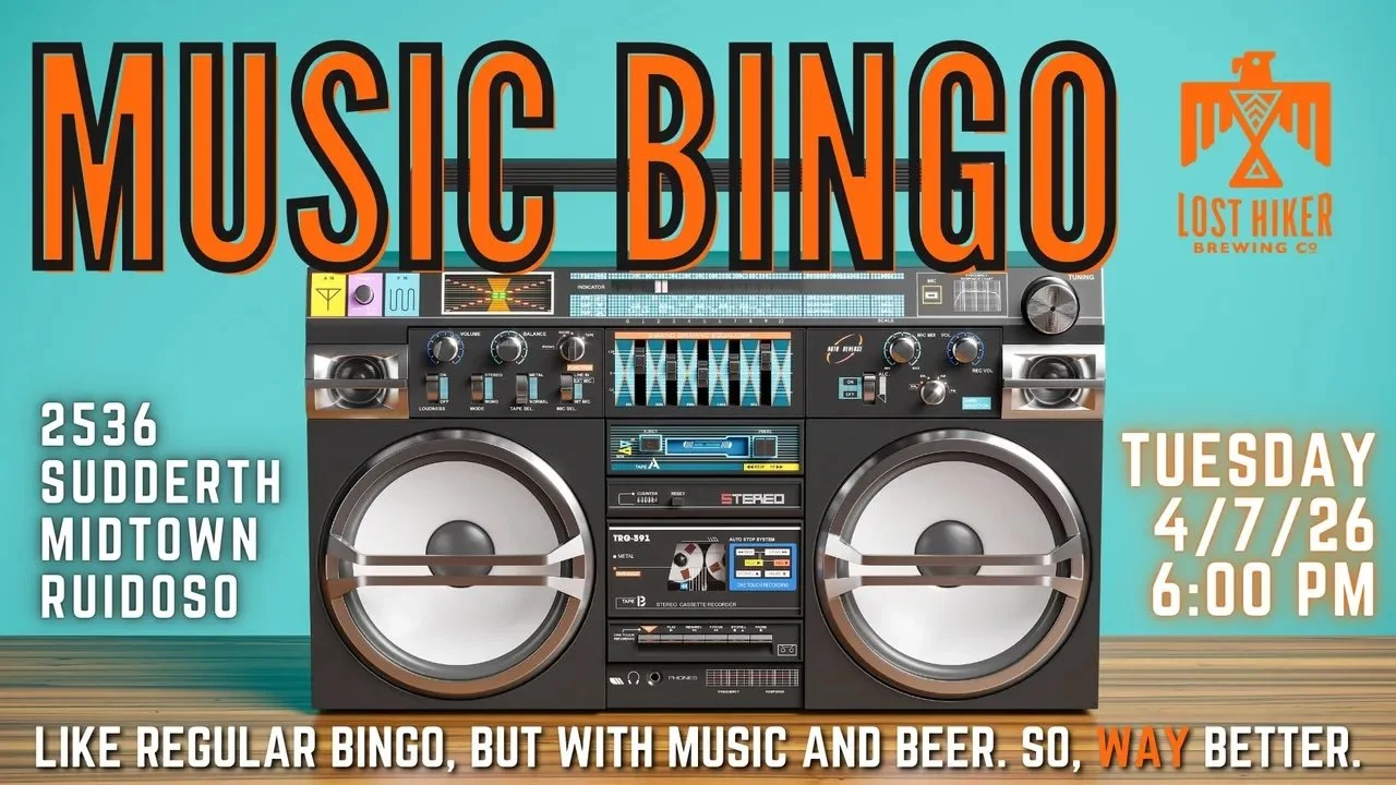 Promotional event graphic for Music Bingo at Losk Hiker Brewing Company Midtown Taproom in Ruidoso, NM