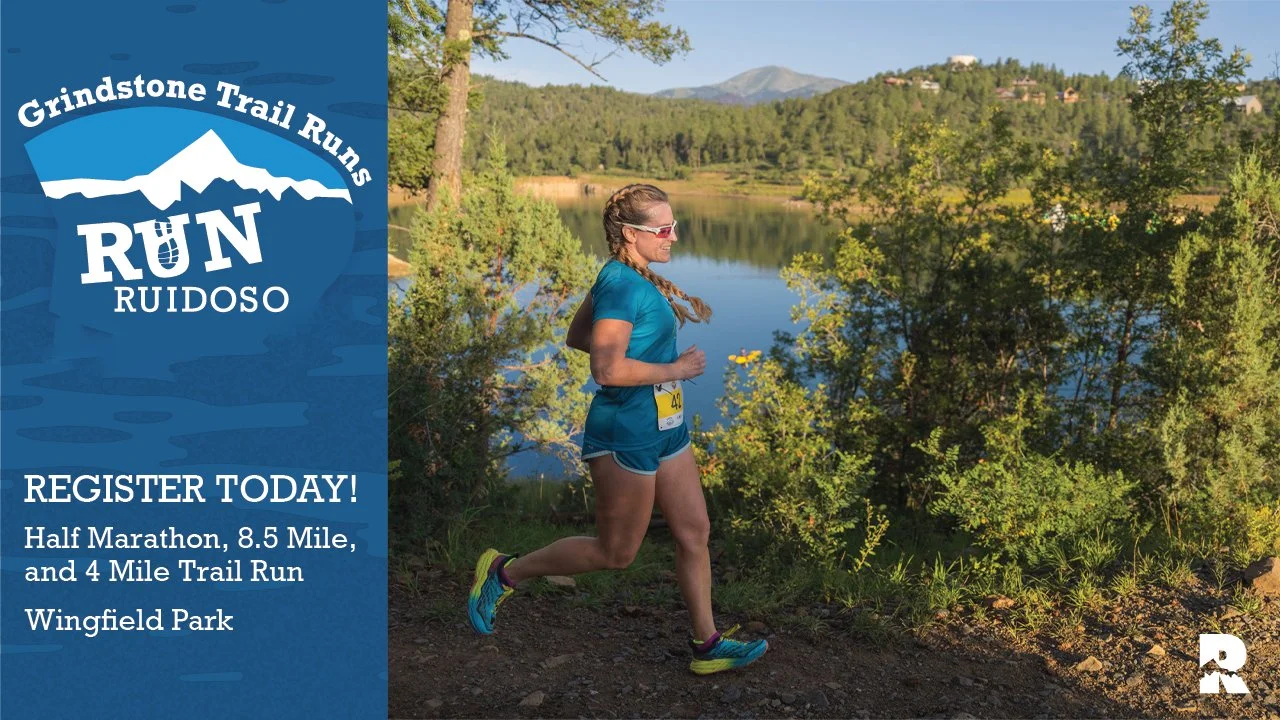 Promotional event graphic for the annual Ruidoso Grindstone Trails Run on August 22, 2026, in Ruidoso, NM