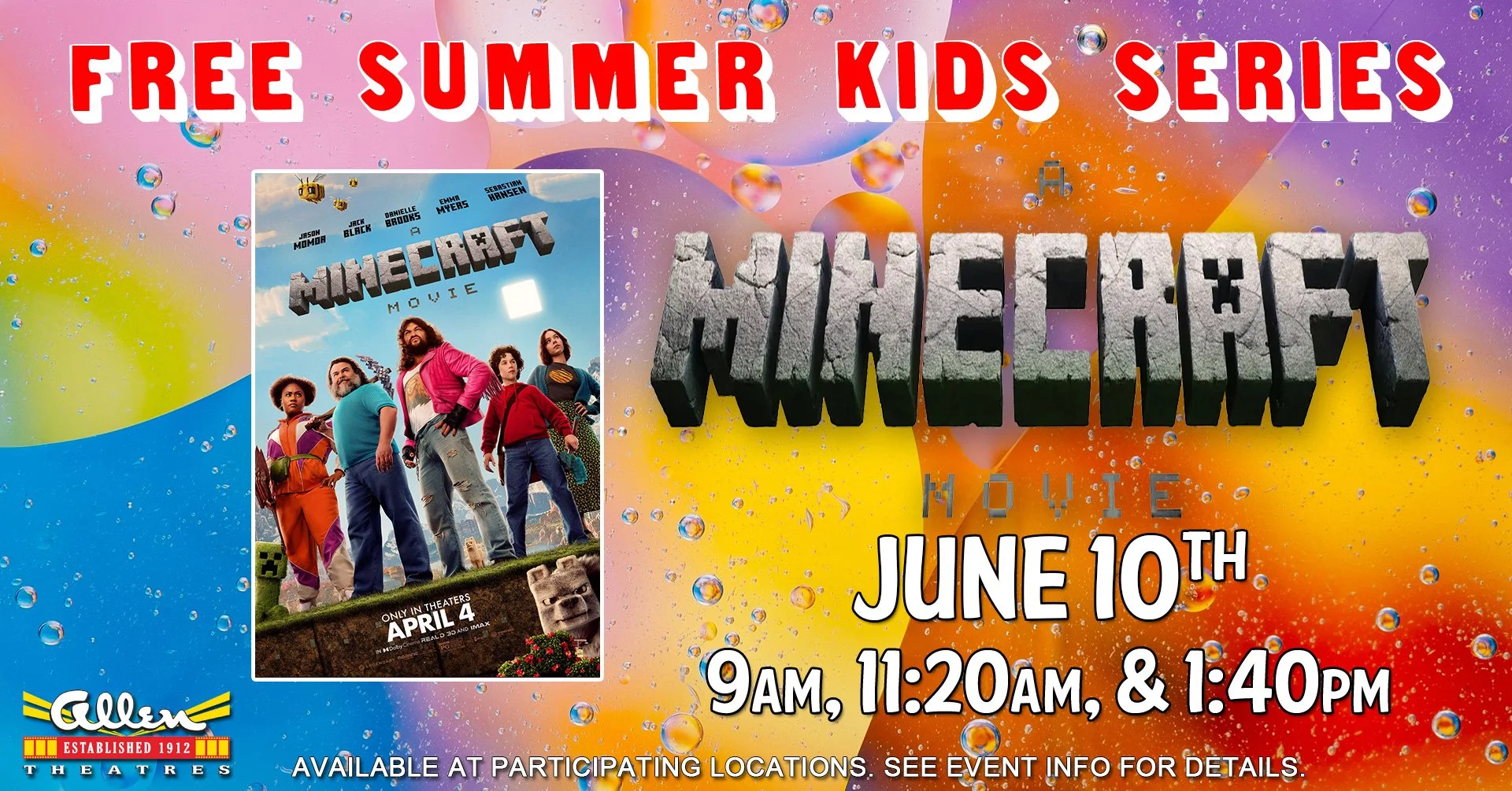 Promotional event flyer for Free Summer Kids Series: A Minecraft Movie at Sierra Cinema on June 10, 2026, in Ruidoso, NM