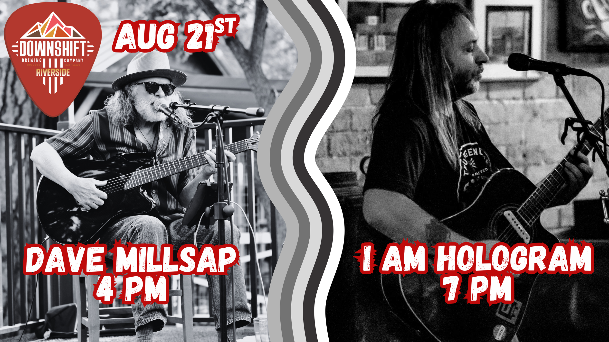 Promotional graphic for live music at Downshift Brewing Company – Riverside on August 21 featuring Dave Millsap performing at 4 PM and I Am Hologram performing at 7 PM.