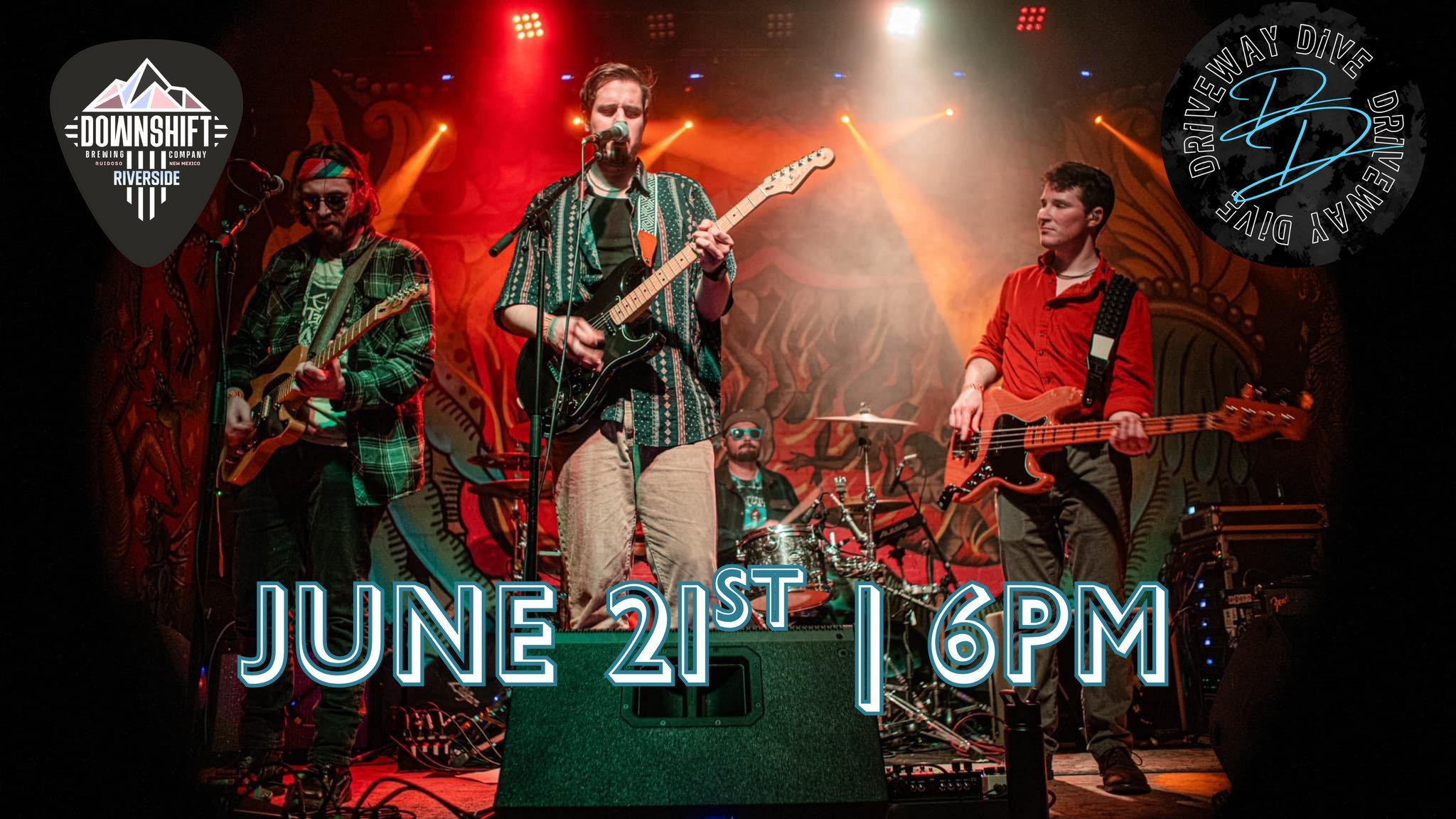 Live band Driveway Dive performing on stage under colorful concert lights at Downshift Brewing Company – Riverside.