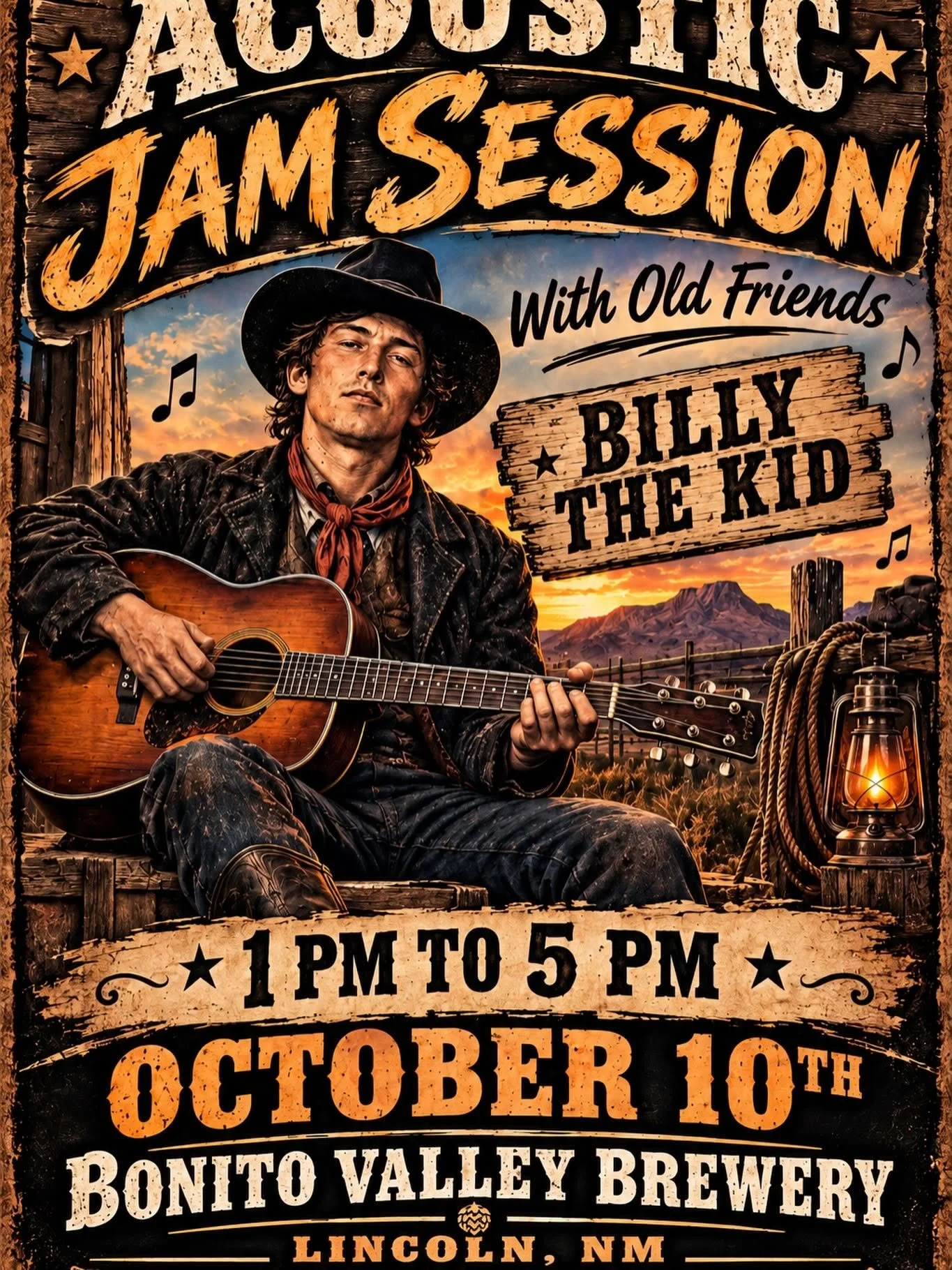 Billy the Kid-themed Acoustic Jam Session with Old Friends event graphic for October 10, 2026, from 1 to 5 PM at Bonito Valley Brewing Company in Lincoln, New Mexico.