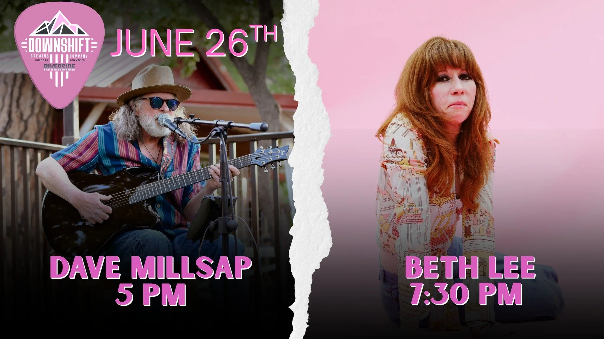 Promotional graphic for live performances by Dave Millsap and Beth Lee at Downshift Brewing Company – Riverside featuring the two musicians with performance times on June 26.