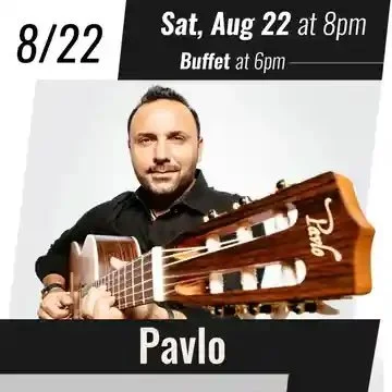 Promotional poster for guitarist Pavlo performing at Spencer Theater on Saturday, August 22 at 8 PM.