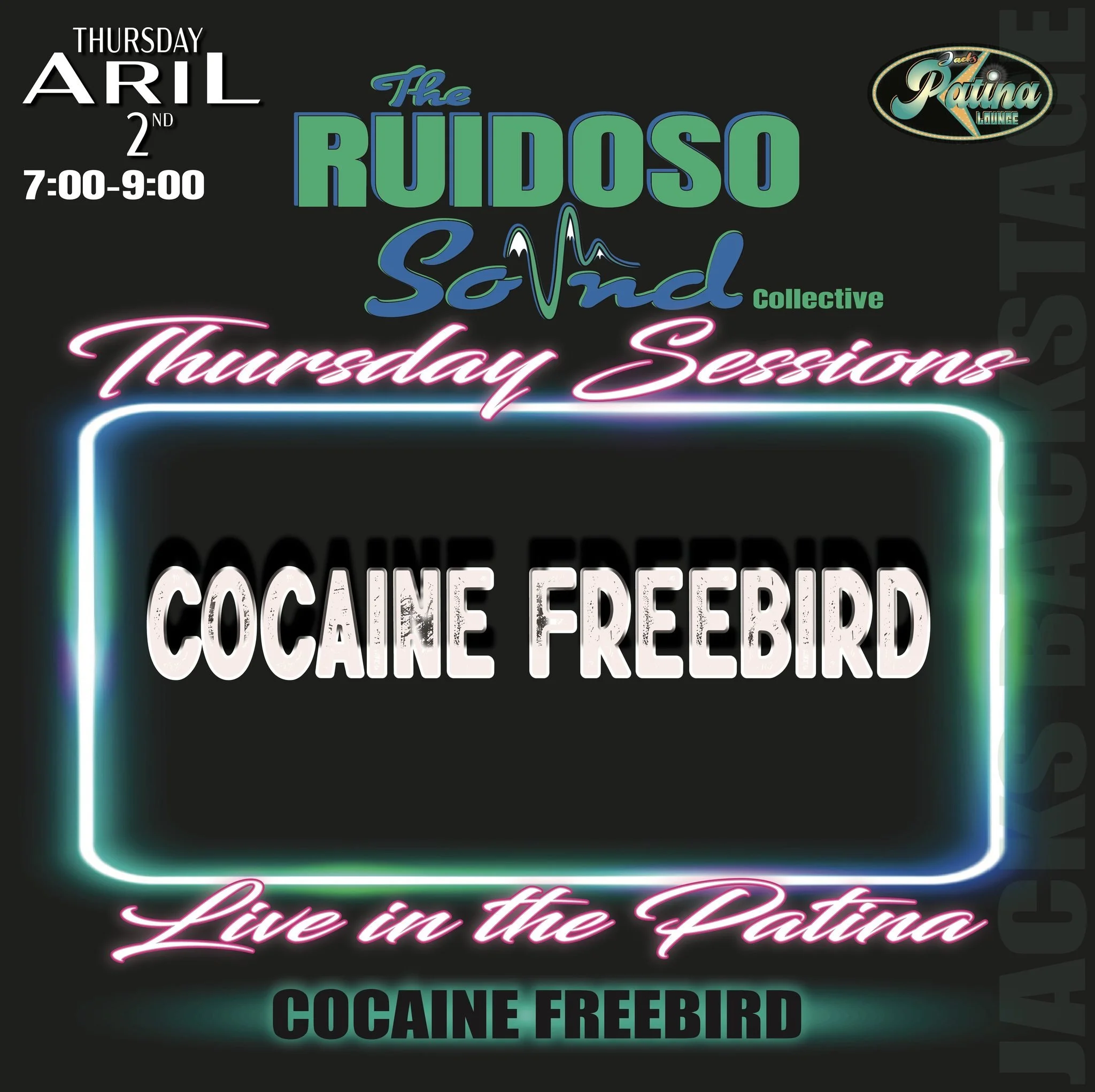 Promotional event graphic for live music at Jacks Patina Lounge in Ruidoso, NM
