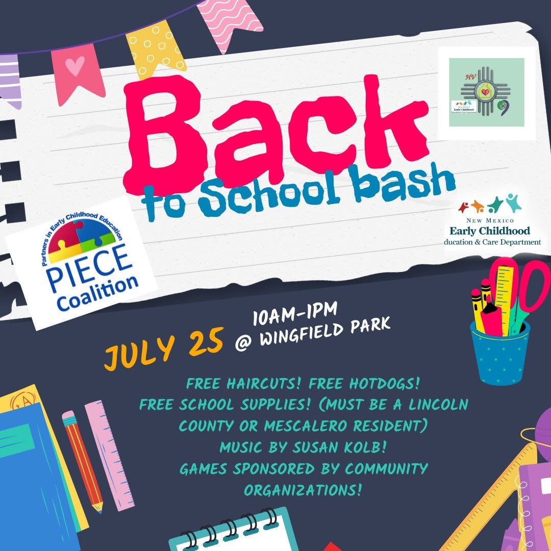 Colorful flyer promoting the Back to School Bash on July 25 from 10 a.m. to 1 p.m. at Wingfield Park, featuring free school supplies, haircuts, hot dogs, live music, games, and family activities.