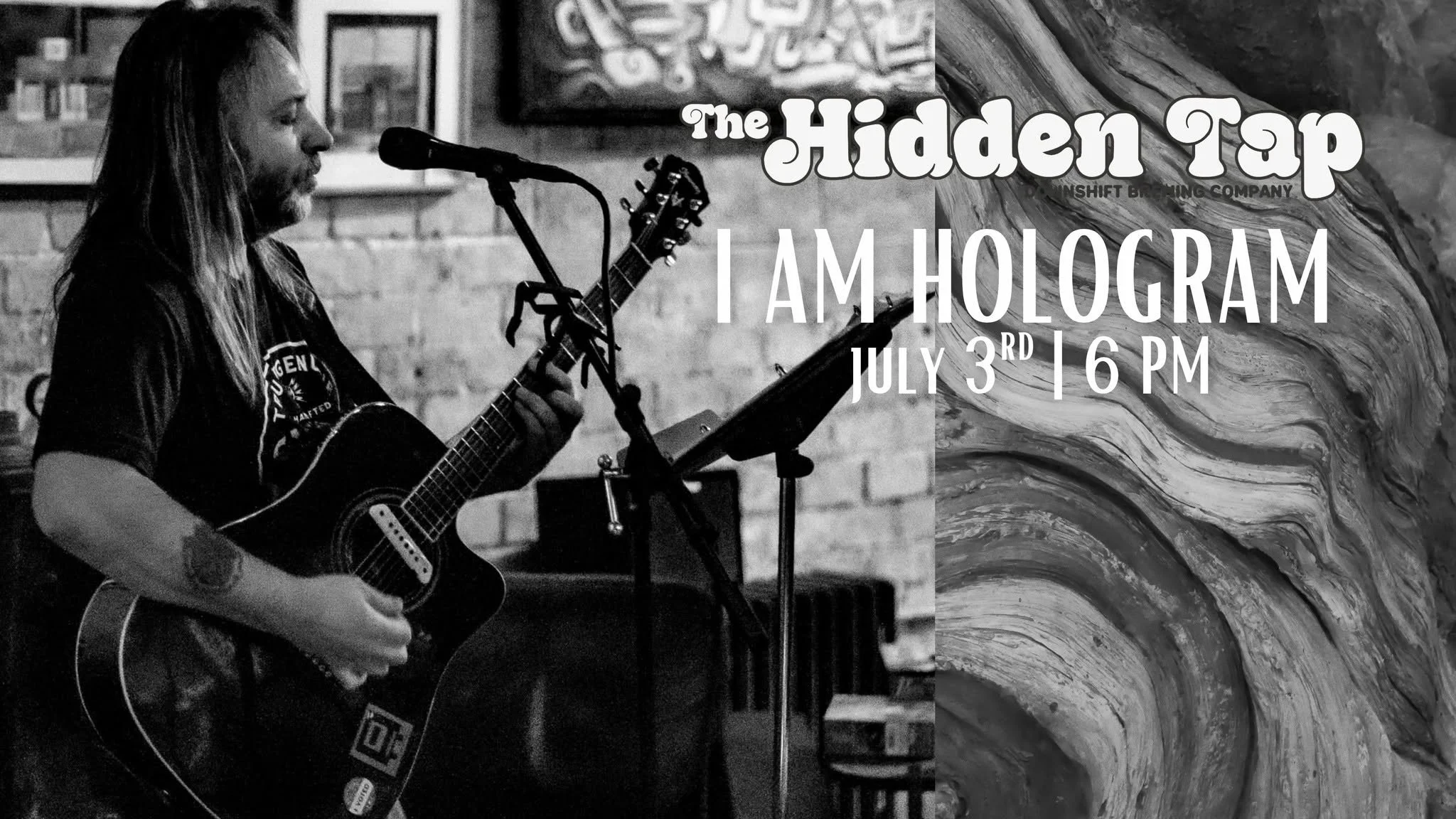 Promotional event graphic for I AM HOLOGRAM performance on July 3, 2026, at Downshift Brewing Company Hidden Tap in Ruidoso, NM
