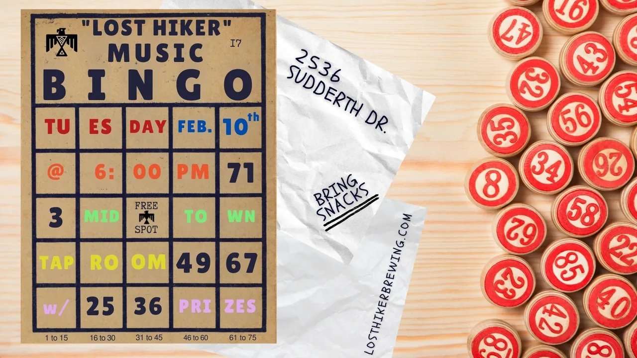 Promotional event graphic for Music Bingo at Lost Hiker Midtown Taproom in Ruidoso, NM