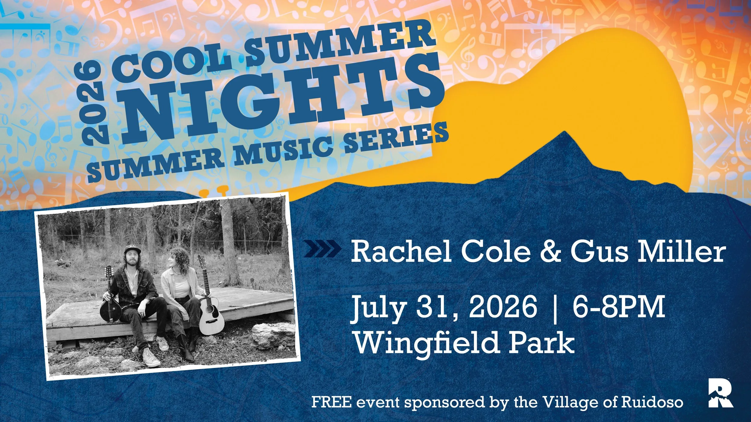 Promotional graphic for the 2026 Cool Summer Nights Summer Music Series featuring Rachel Cole & Gus Miller at Wingfield Park on July 31, 2026, from 6–8 p.m. Includes a black-and-white photo of the duo with guitars and a mountain-themed background.